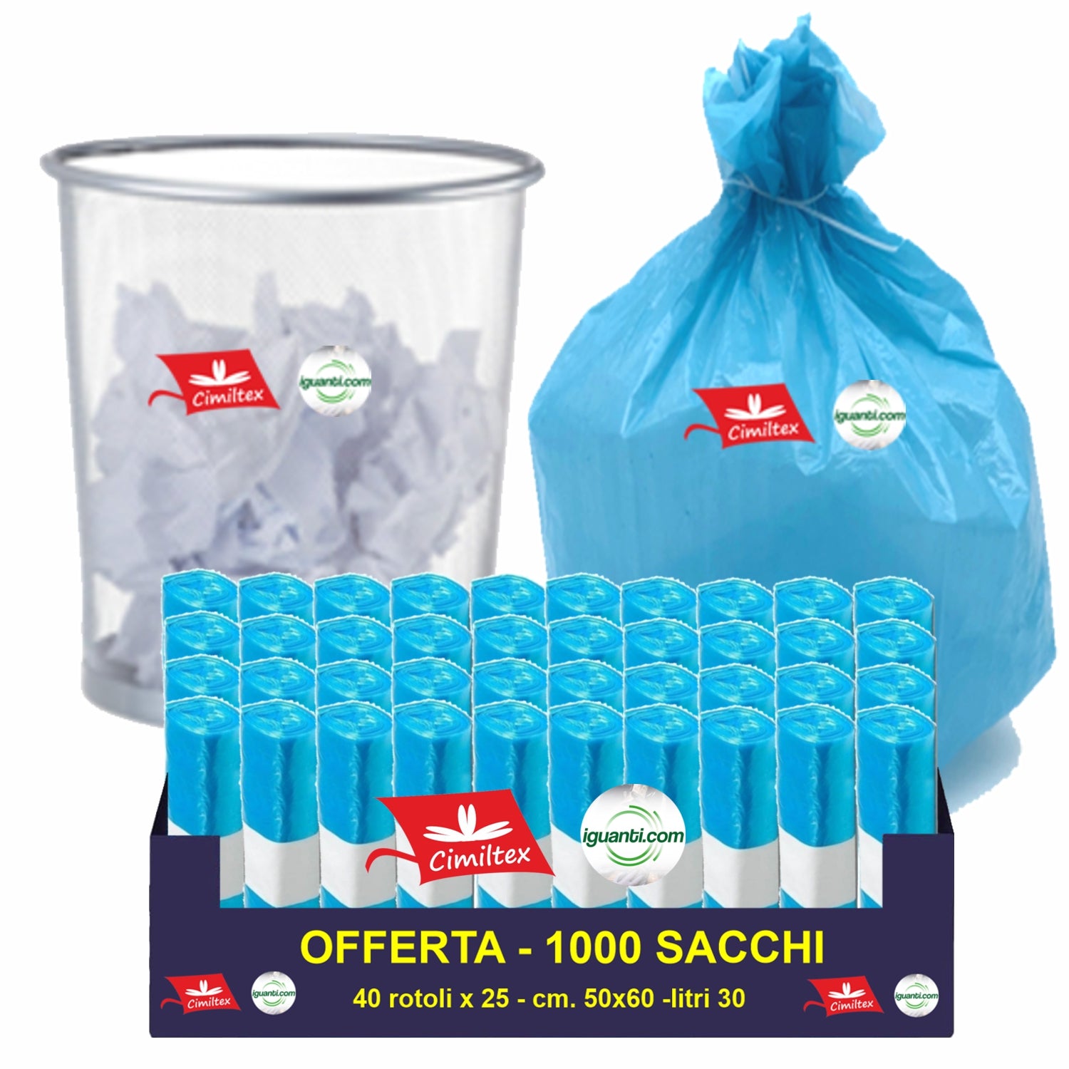 1000 Sacchi spazzatura 30 litri 50x60 cm. colore azzurro gr. 9 (rot. pz. 25)