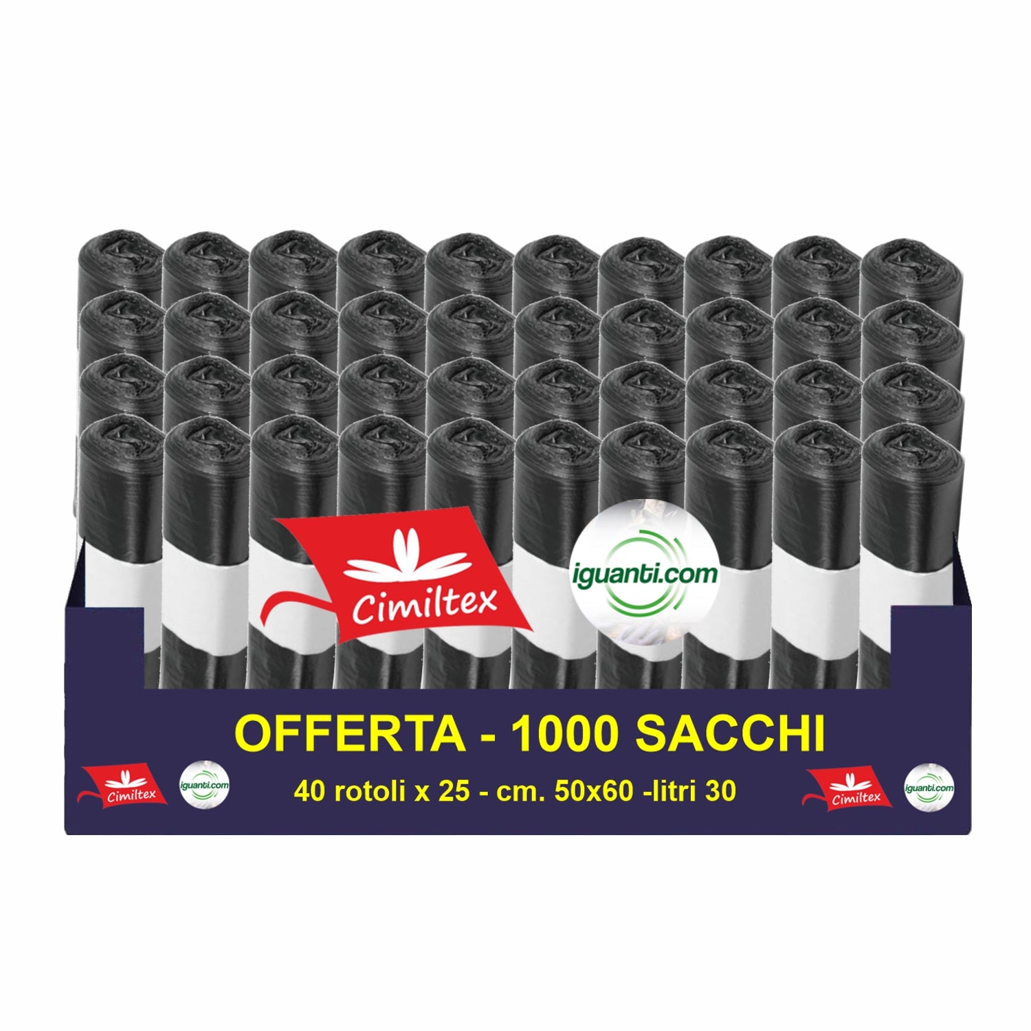 1000 Sacchi spazzatura 30 litri 50x60 cm. colore nero gr.9 25pzx40rotoli