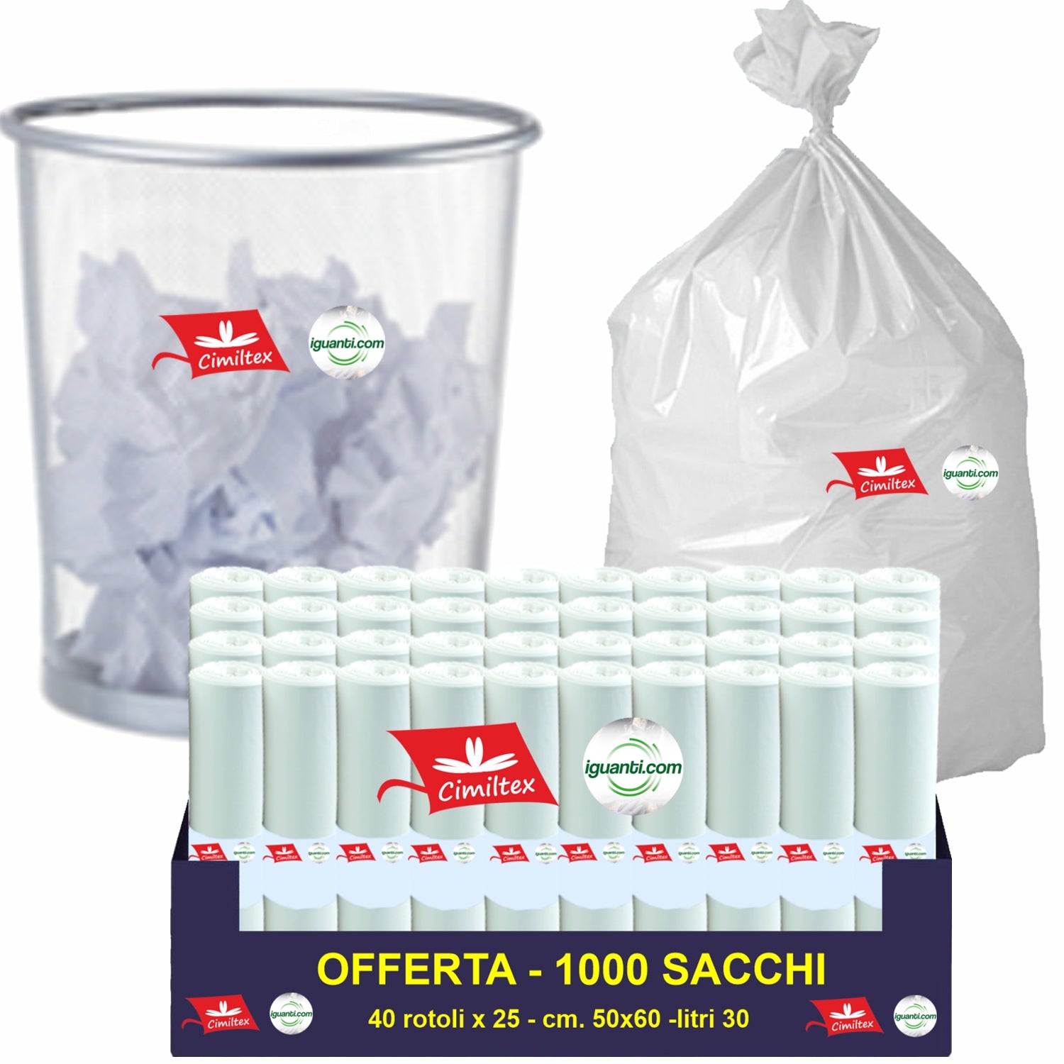 1000 Sacchi spazzatura 30 litri 50x60 cm. colore ambra trasparente gr. 9 (40 rotoli x 25)