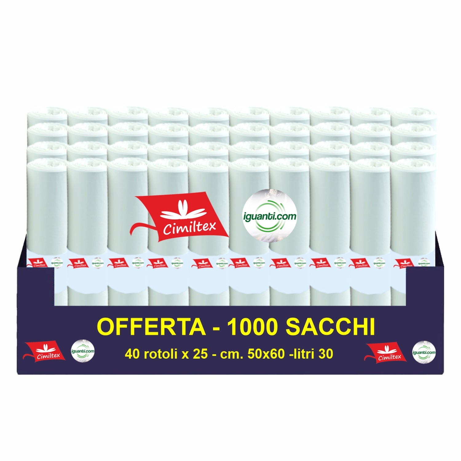 1000 Sacchi piccoli per cestino 30 litri 50x60 cm. colore bianco gr. 9