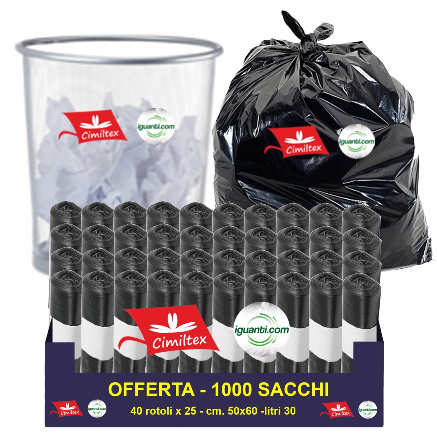 1000 Sacchi spazzatura 30 litri 50x60 cm. colore nero gr.9 25pzx40rotoli
