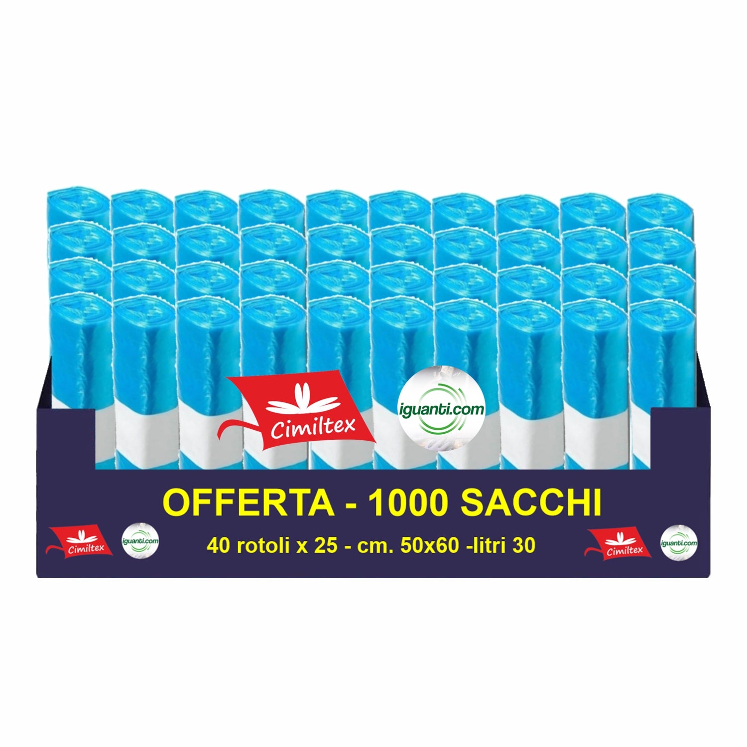 1000 Sacchi spazzatura 30 litri 50x60 cm. colore azzurro gr. 9 (rot. pz. 25)