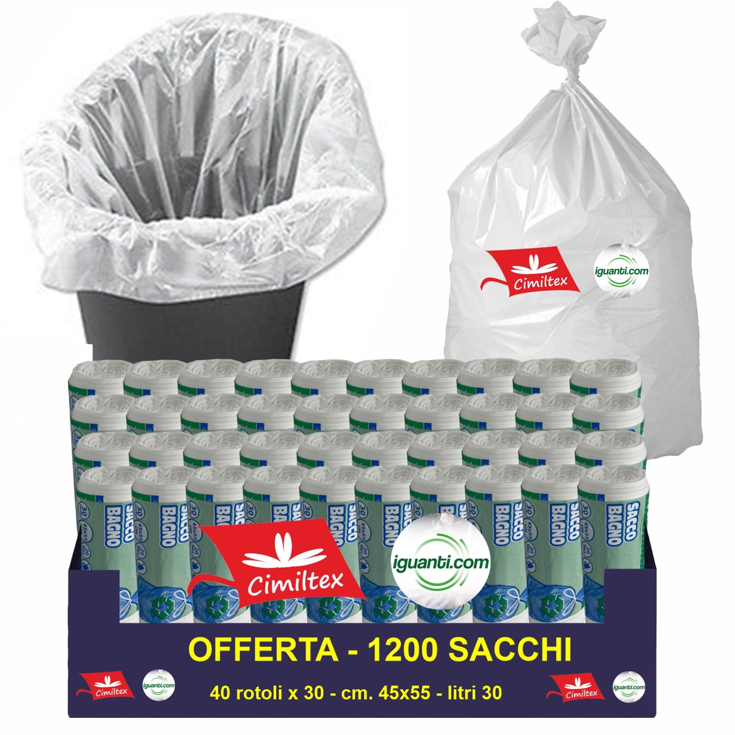 1200 Sacchi spazzatura 20 litri 45x55 cm. colore bianco cestino uffici gr.5 40 rotoli