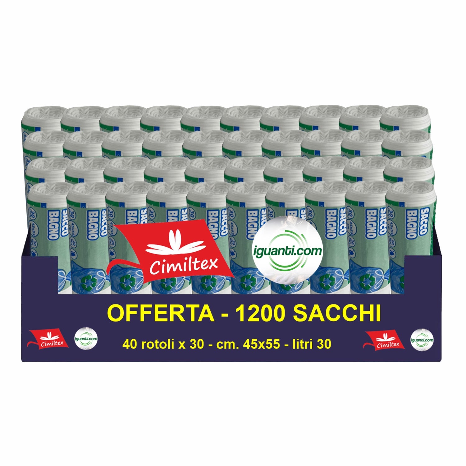 1200 Sacchi spazzatura 20 litri 45x55 cm. colore bianco cestino uffici gr.5 40 rotoli