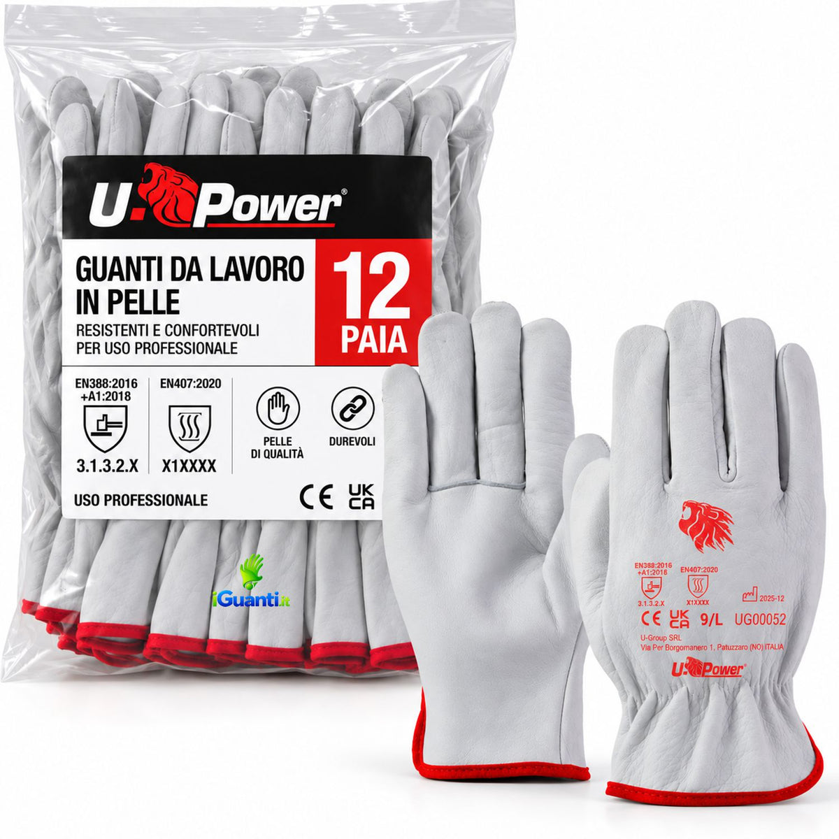 12 Paia Guanti da Lavoro in Pelle Fiore di Bufalo Rock | EN 388 3.1.3.2.X | X.1.X.X.X.X | U-Power