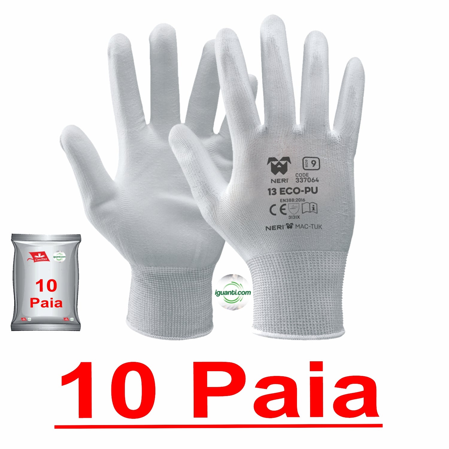10 paia di Guanti a filo continuo traspirante con spalmatura in poliuretano bianco
