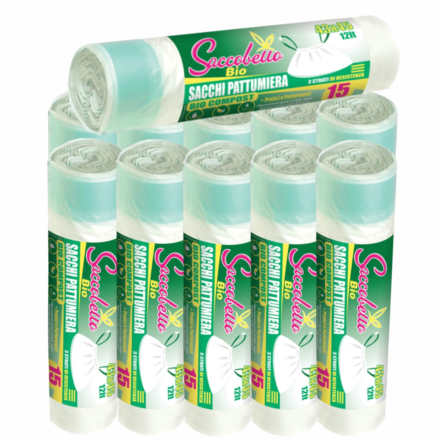 150 Sacchi Bio compostabile organico con maniglie cm.43x45 gr.8,5 pz.15 verde litri 12