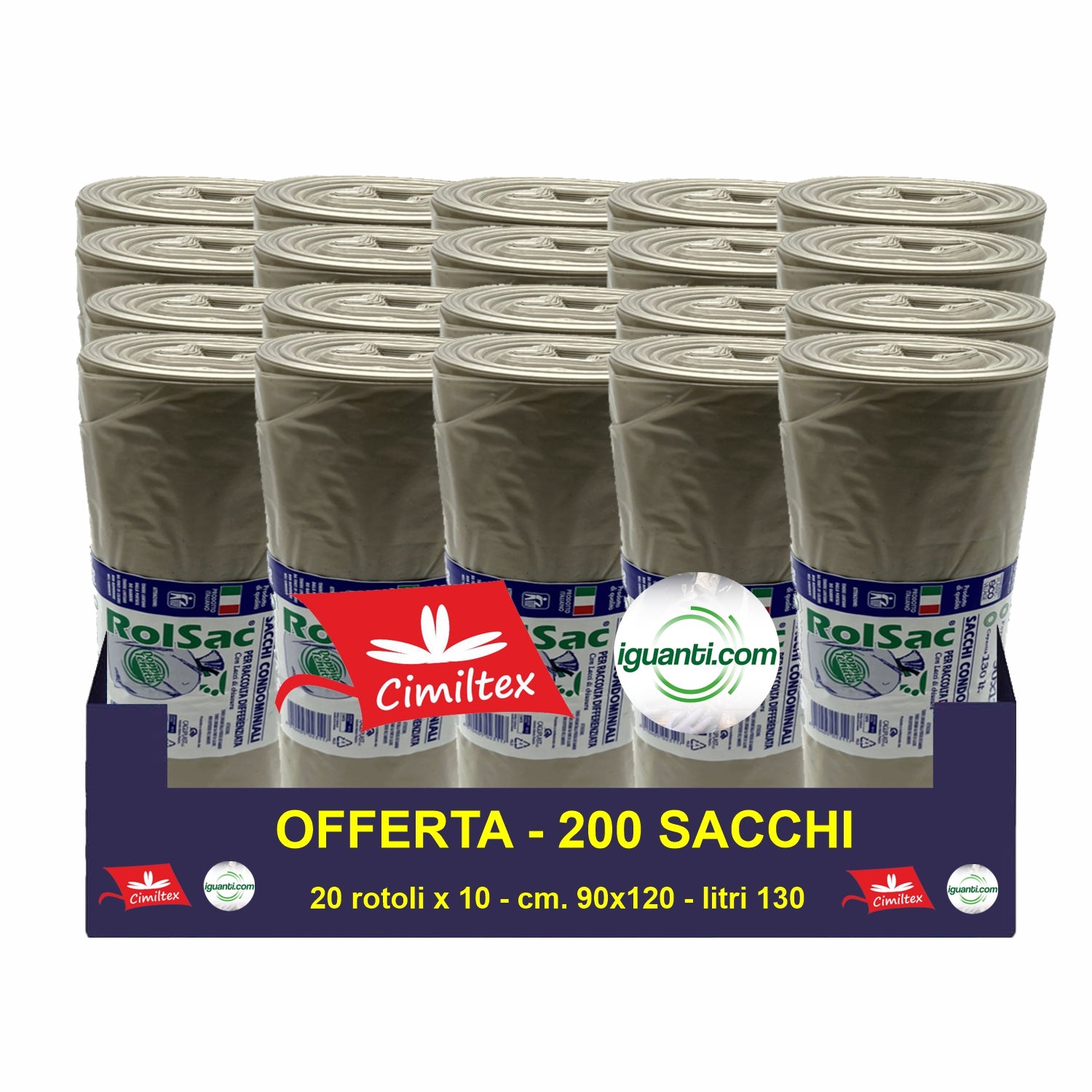 200 Sacchi 130 litri 90x120 cm. gr.80 industriale raccolta differenziata colore Ambra trasparente 20 rotoli