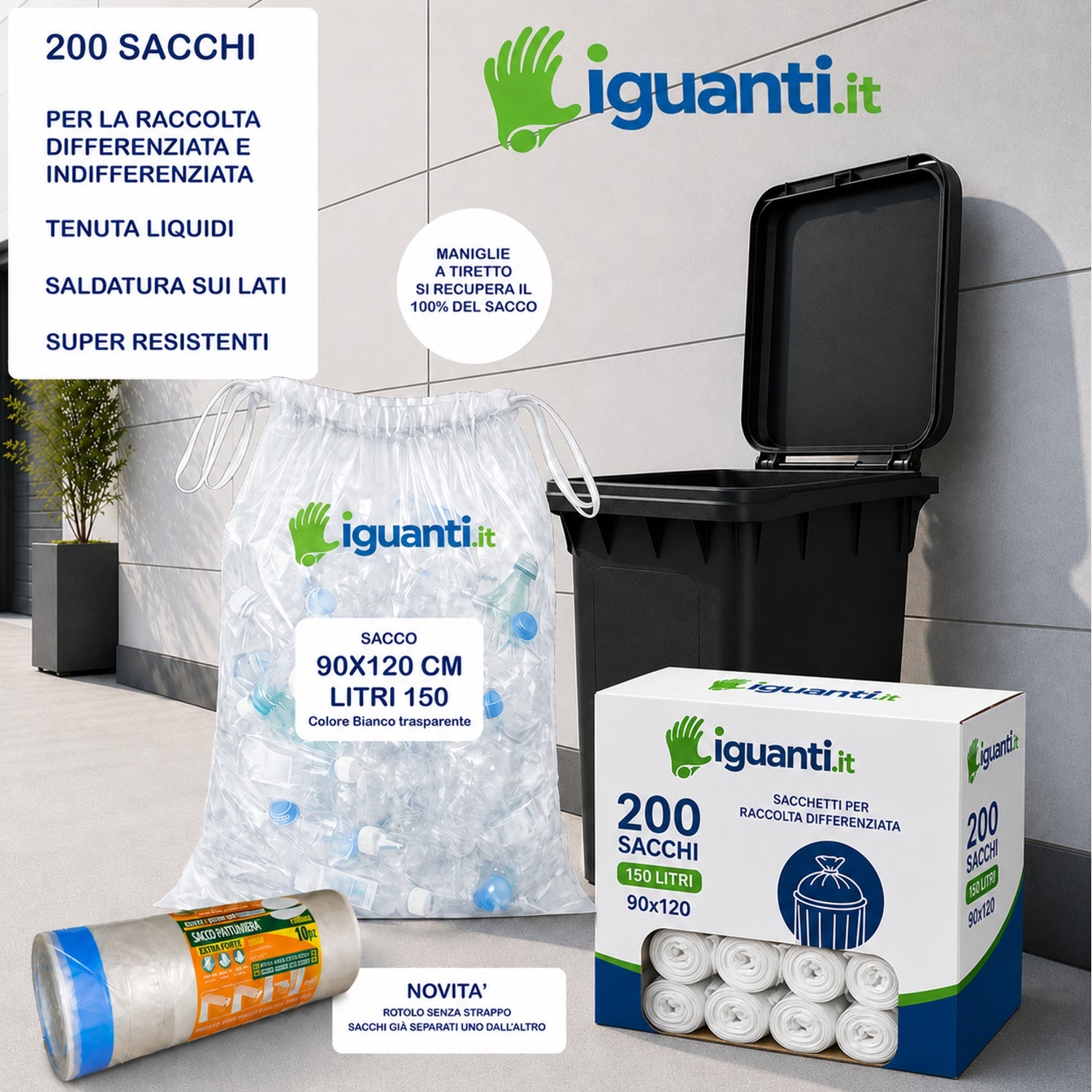 200 Sacchi 150 litri 90x120 cm. gr.70 con maniglie colore bianco trasparente