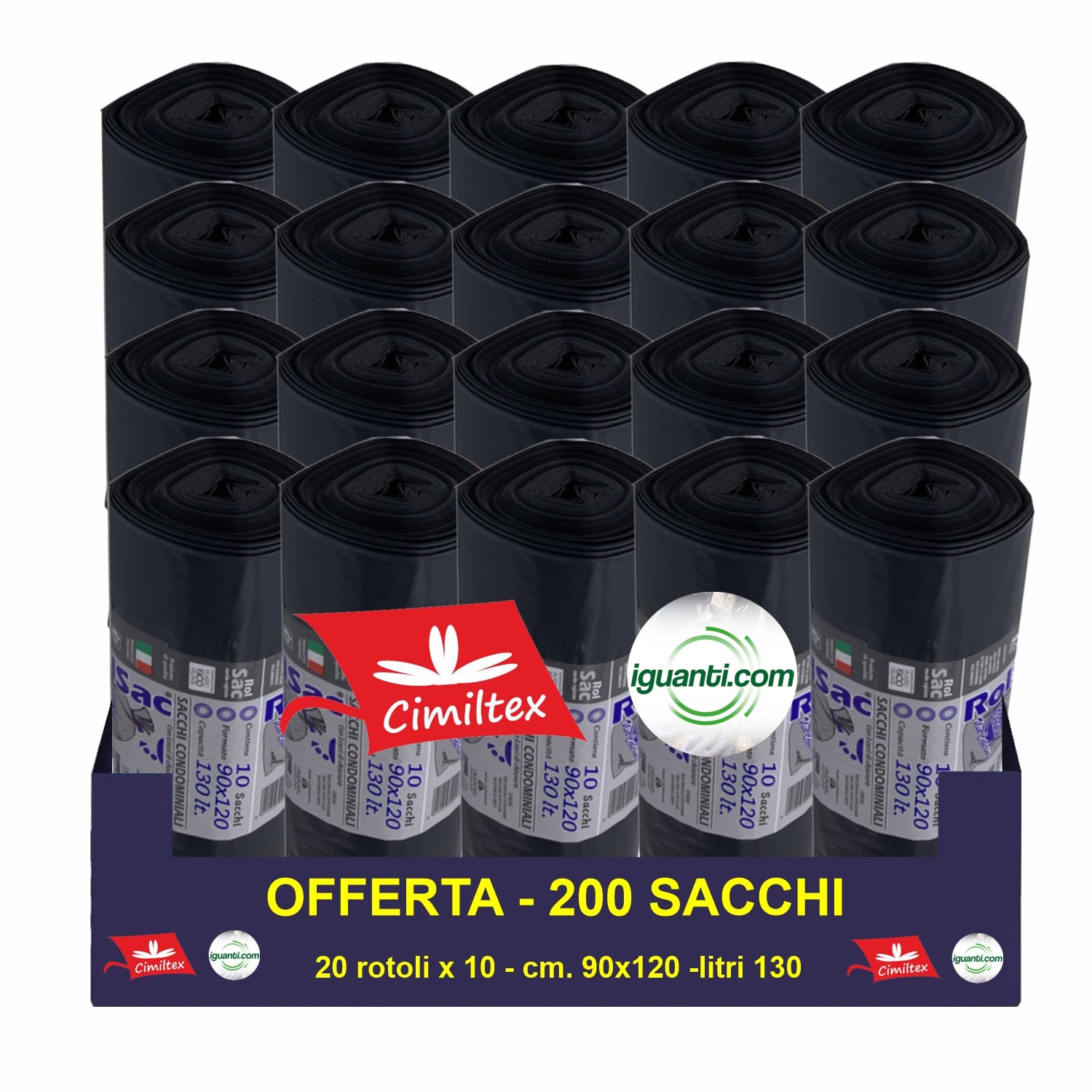 200 Sacchi 130 litri 90x120 cm. gr.100 condominiale raccolta indifferenziata colore nero 20 rotoli