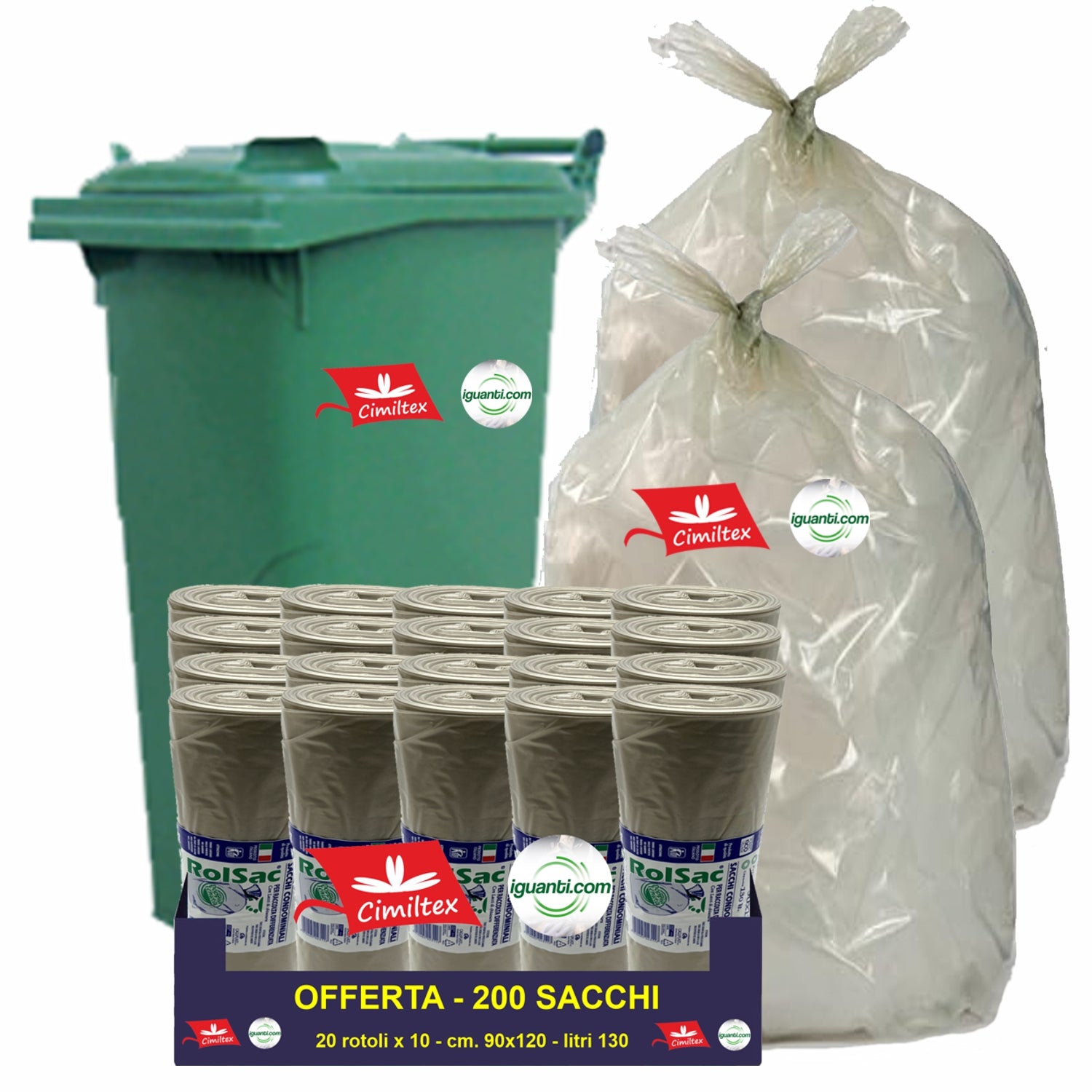 200 Sacchi 130 litri 90x120 cm. gr.80 industriale raccolta differenziata colore Ambra trasparente 20 rotoli