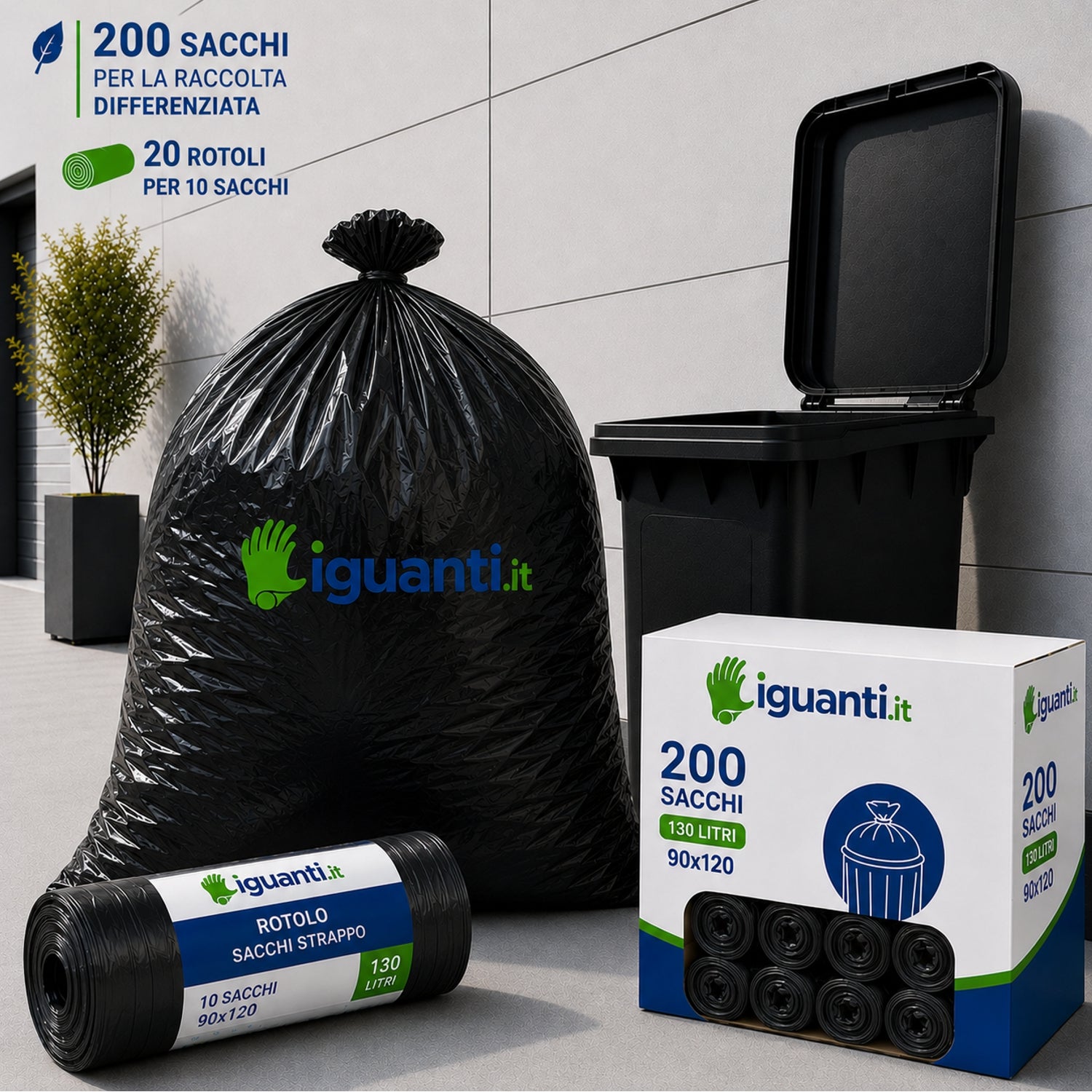 Sacchi Spazzatura 130L colore Nero gr.100 – 200 pz (20 Rotoli) | Uso Industriale