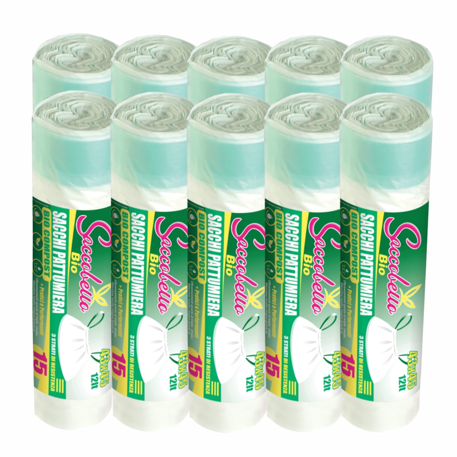 150 Sacchi Bio compostabile organico con maniglie cm.43x45 gr.8,5 pz.15 verde litri 12