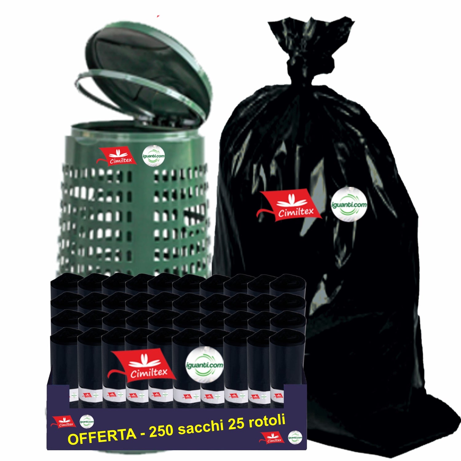 250 Sacchi 110 litri 72x110 cm. gr.70 spazzatura colore nero raccolta indifferenziata 25 rotoli