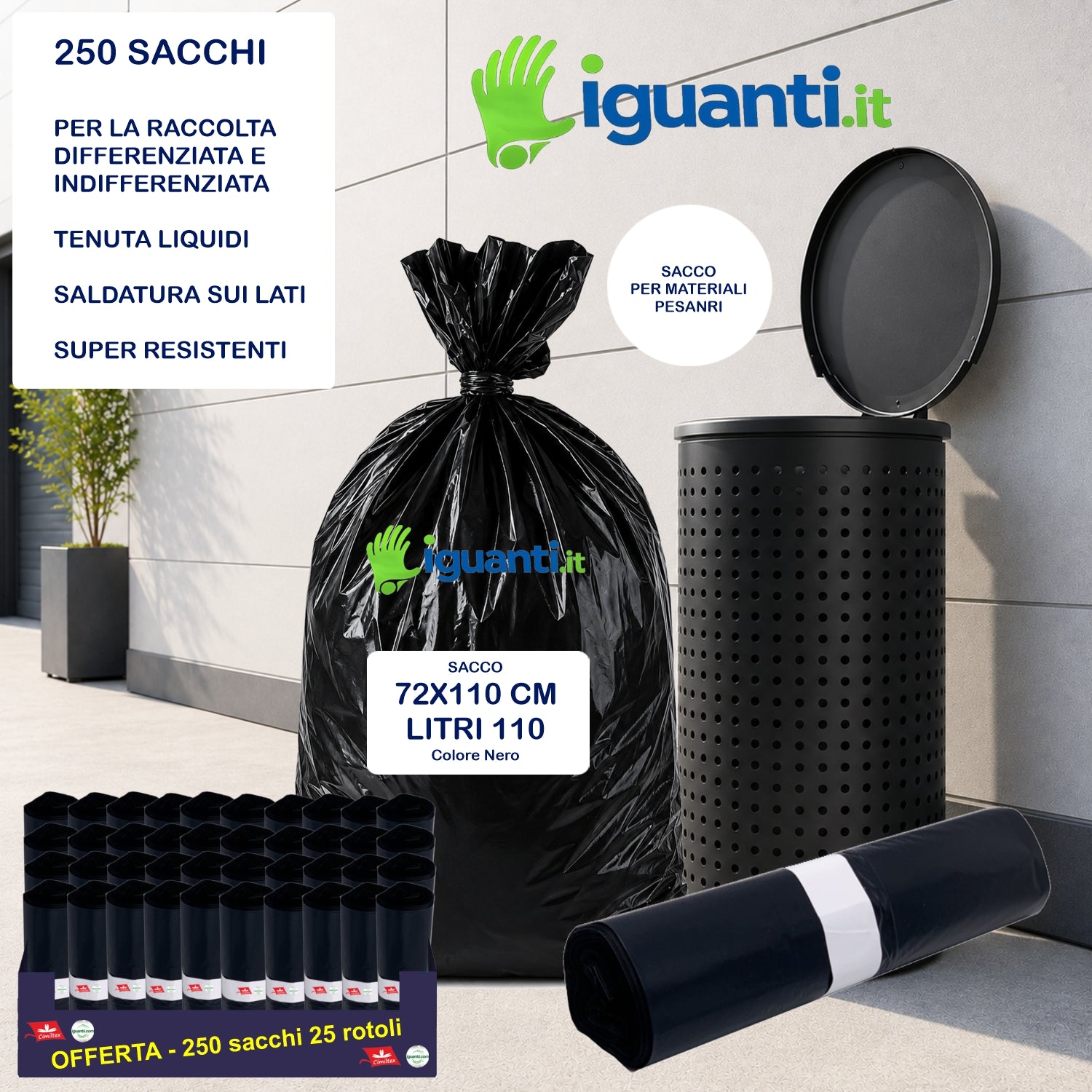 250 Sacchi 110 litri 72x110 cm. gr.70 spazzatura colore nero raccolta indifferenziata 25 rotoli