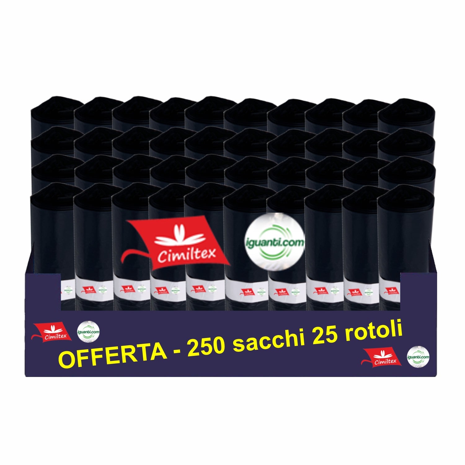 250 Sacchi 110 litri 72x110 cm. gr.70 spazzatura colore nero raccolta indifferenziata 25 rotoli