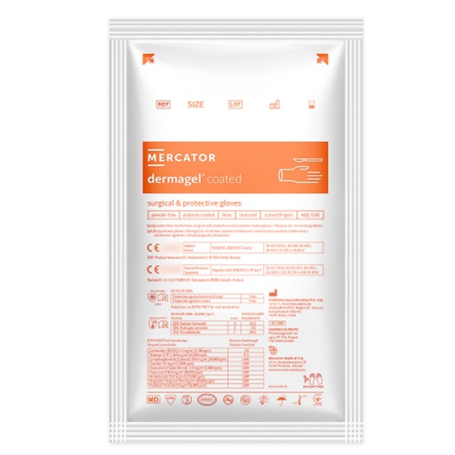 50 paia Guanti chirurgici in lattice naturale senza polvere dermagel coated Mercator AQL 0,65