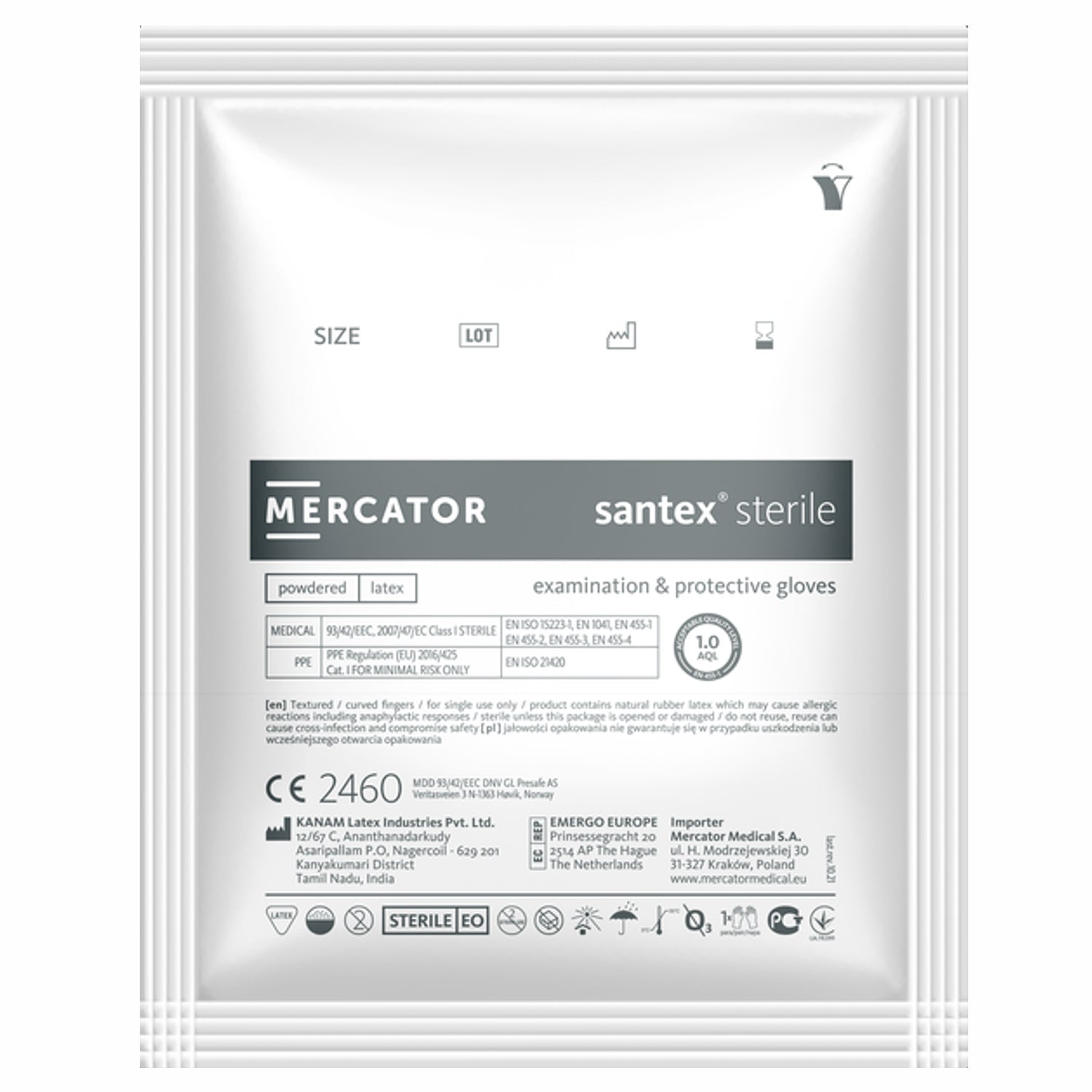 50 paia Guanti sterili diagnostici in lattice naturale con polvere santex Mercator AQL 1,00