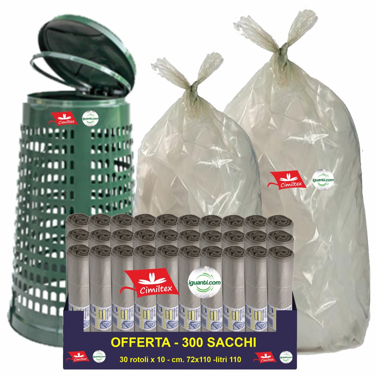 300 Sacchi 110 litri 70x110 cm. gr.40 spazzatura industriale colore ambra raccolta differenziata 30 rotoli