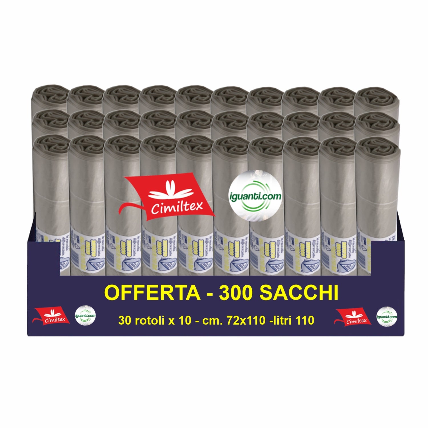 300 Sacchi 110 litri 70x110 cm. gr.40 spazzatura industriale colore ambra raccolta differenziata 30 rotoli