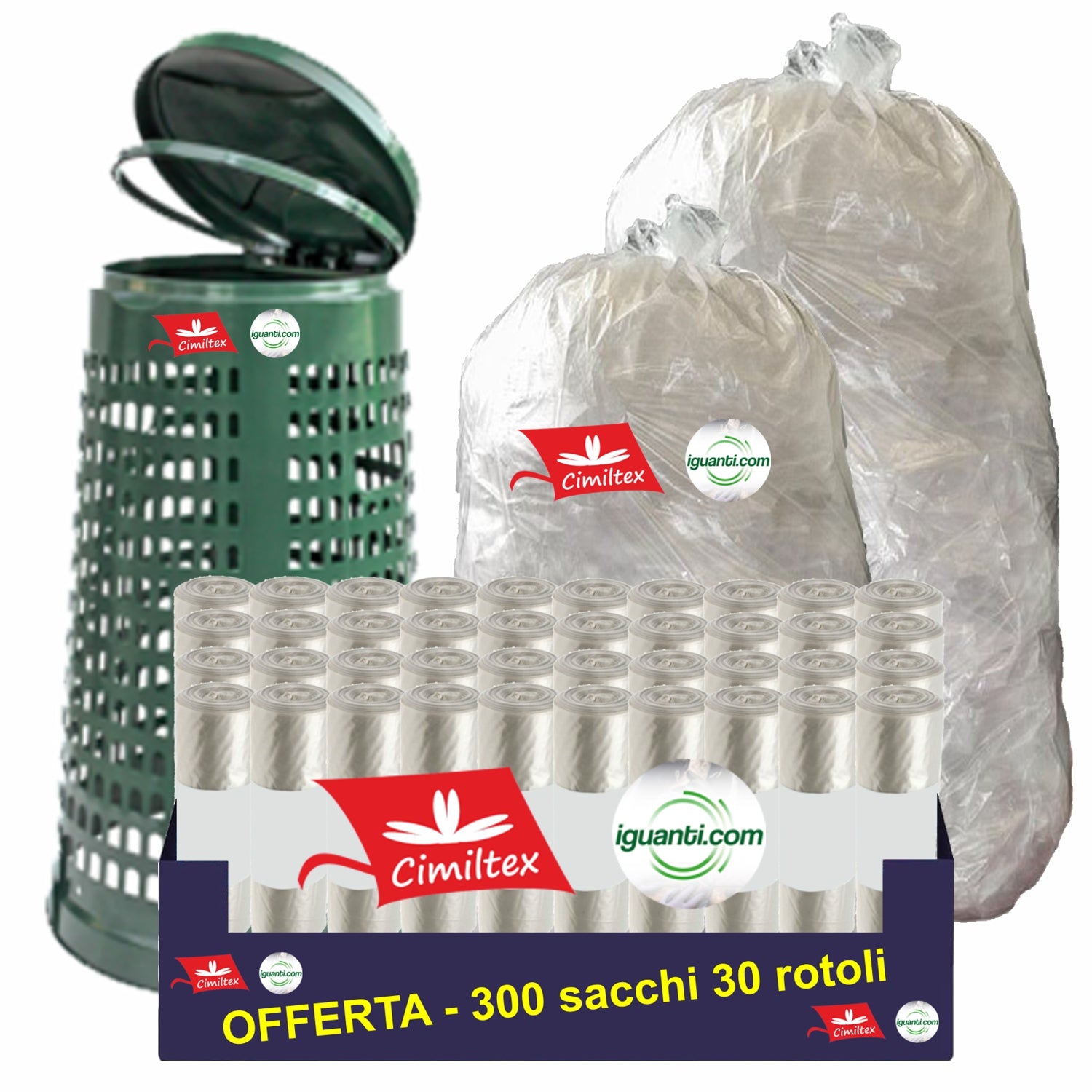300 Sacchi 110 litri cm. 70x110 gr.32 condominiale spazzatura nettezza raccolta differenziata colore ambra trasparente 30 rotoli