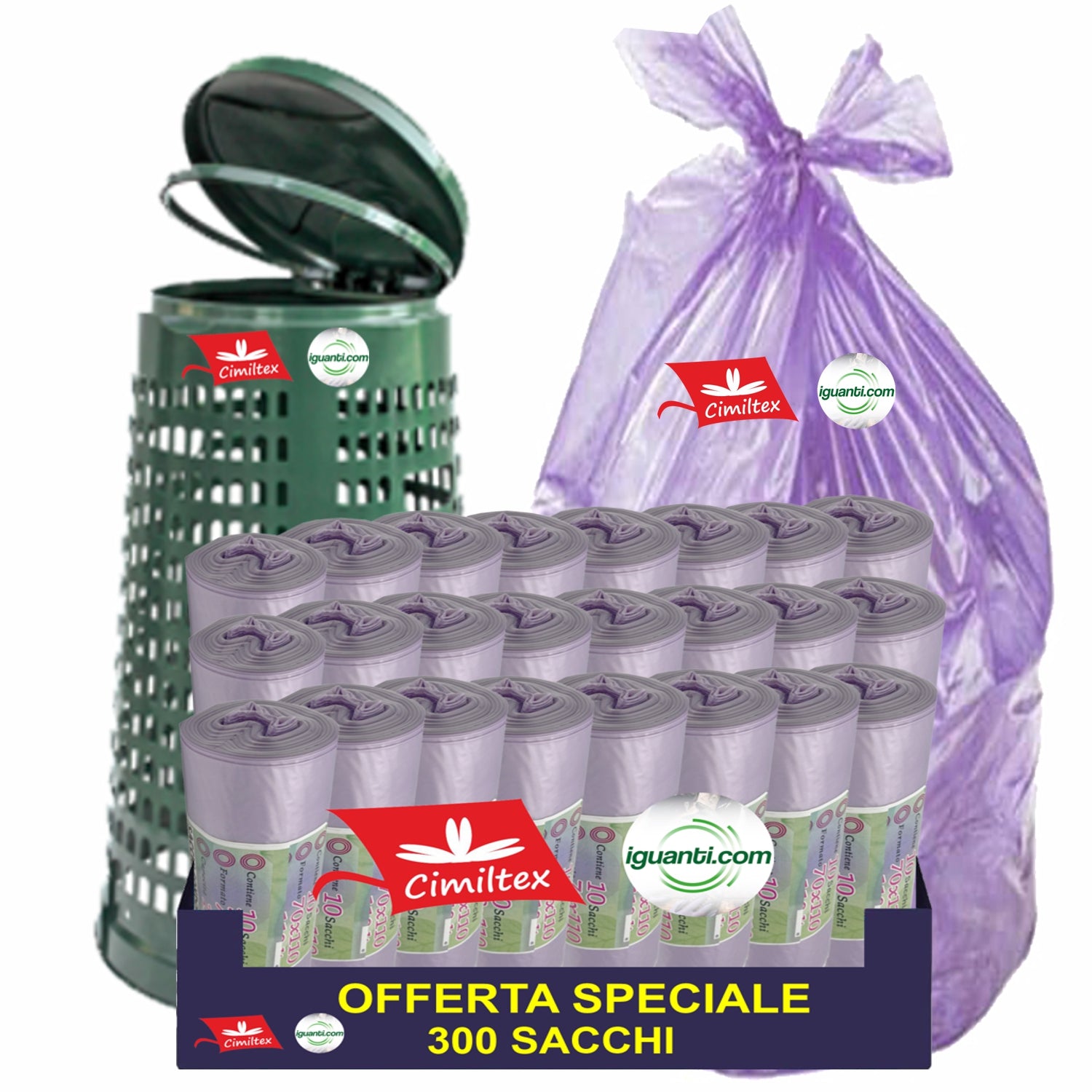 300 Sacchi 110 litri cm. 70x110 gr.32 condominiale spazzatura nettezza raccolta differenziata viola 30 rotoli