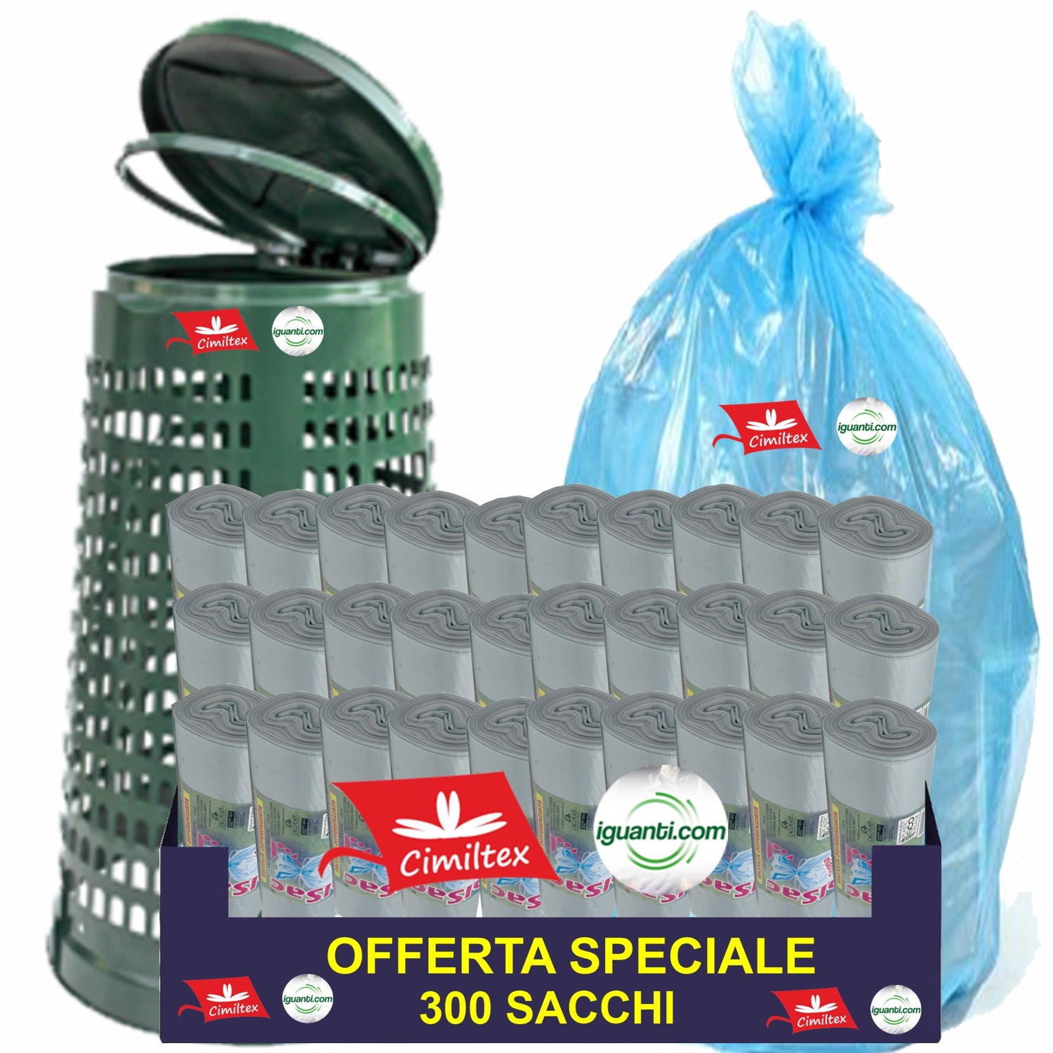 300 Sacchi 110 litri cm. 70x110 gr. 32 condominiale spazzatura nettezza raccolta differenziata azzurro 30 rotoli