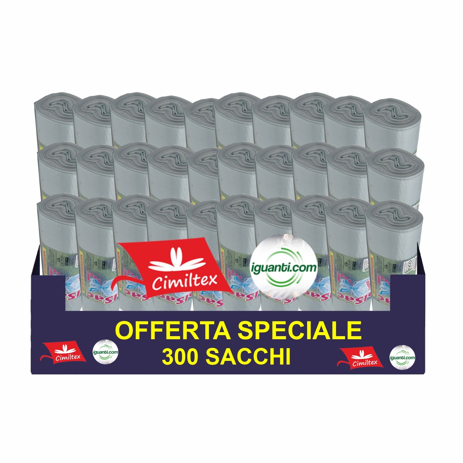 300 Sacchi 110 litri cm. 70x110 gr. 32 condominiale spazzatura nettezza raccolta differenziata grigio 30 rotoli