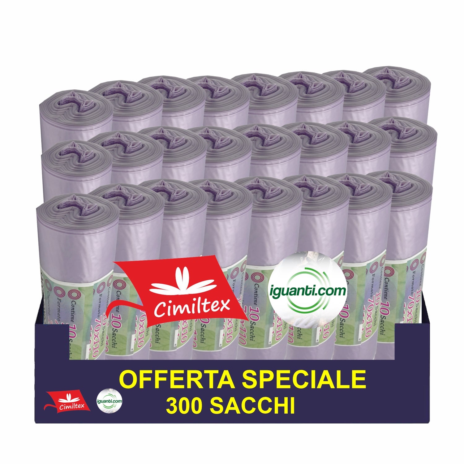 300 Sacchi 110 litri cm. 70x110 gr.32 condominiale spazzatura nettezza raccolta differenziata viola 30 rotoli