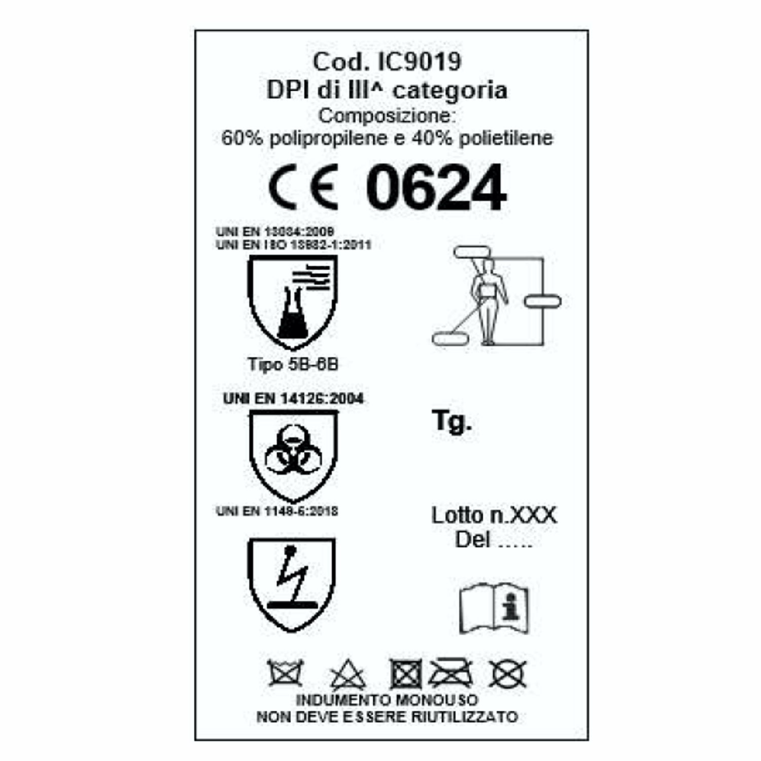 10 Tute monouso gr. 64 Categoria 3 III impermeabile 60% polipropilene 40% polietilene polsino con elastico