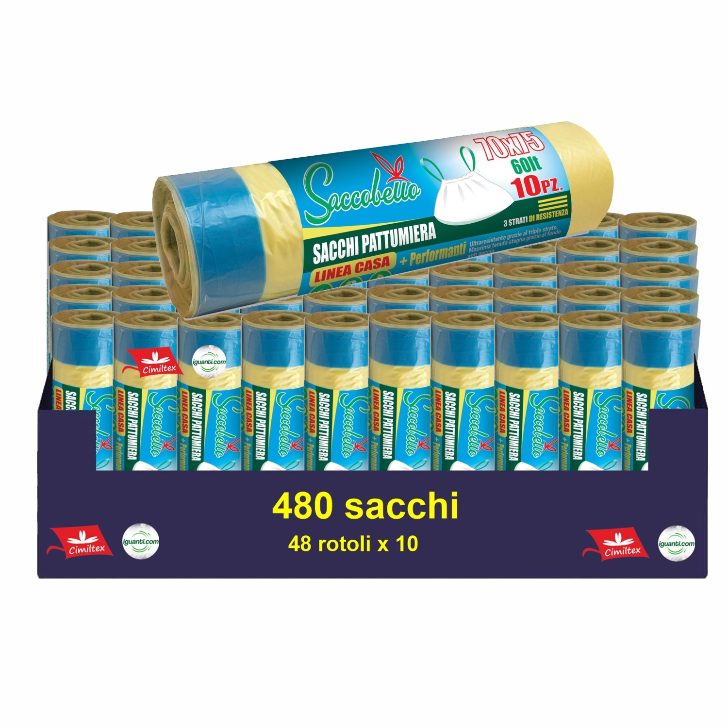 480 Sacchi 60 litri colore giallo con maniglie pattumiera 70x75 cm. 48 rotoli x 10 pz.