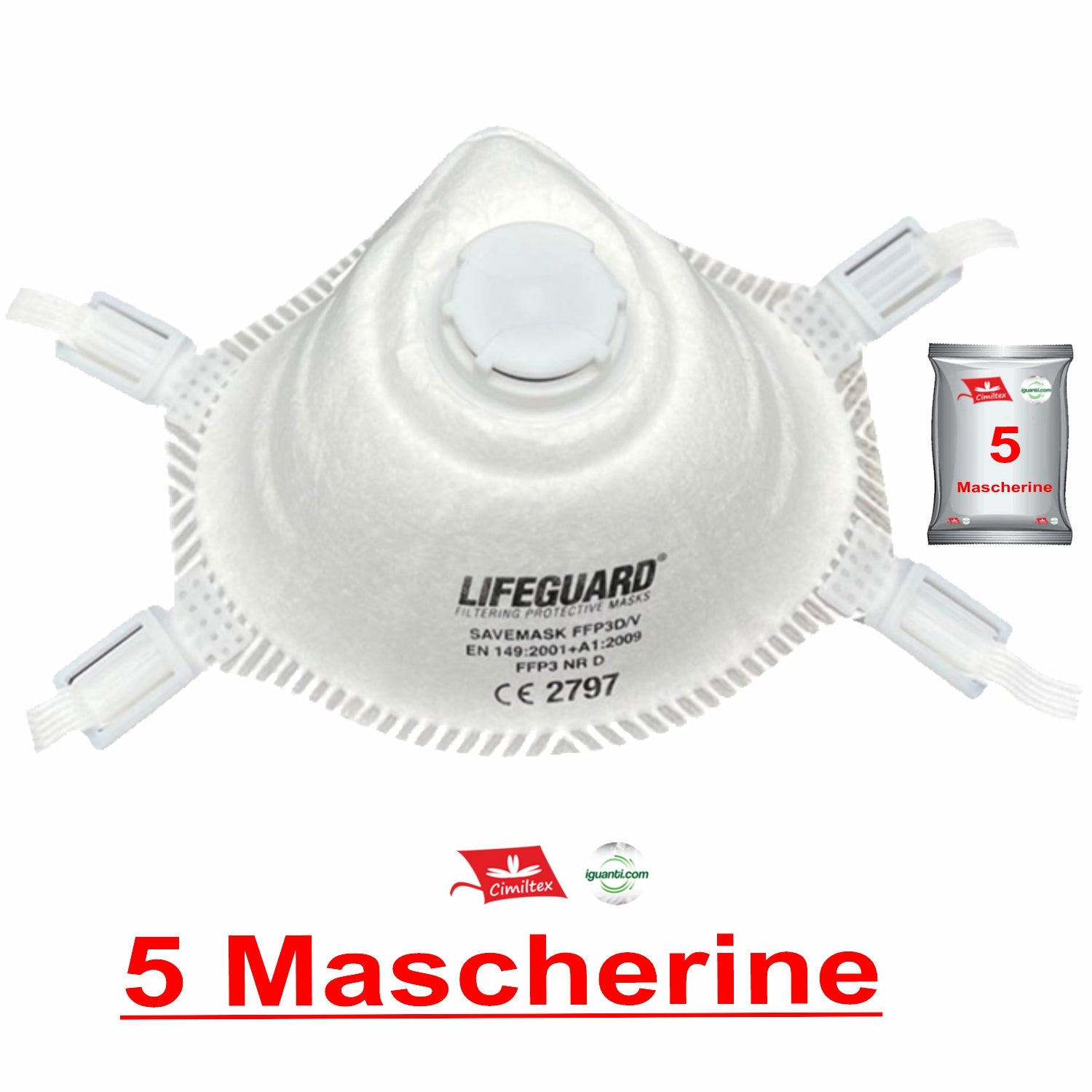 5 Mascherine monouso FFP3 con valvola filtrante a goccia EN 149:2001+A1:2009