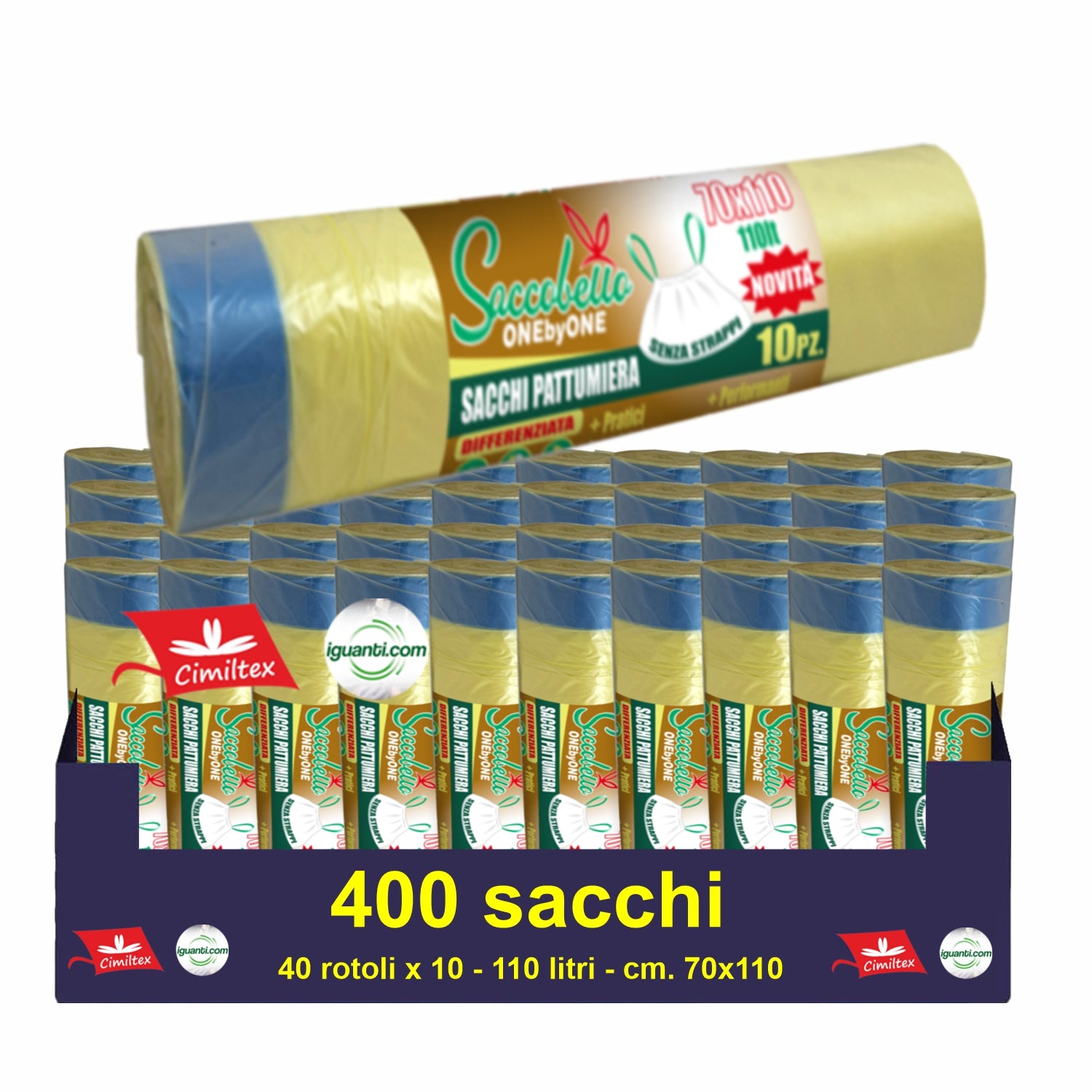 400 Sacchi Spazzatura cm. 70x110 per Raccolta Differenziata, 110 Litri con Maniglia a Scorrimento, Sacchetti Spazzatura Alta Resistenza, Spazzatura Differenziata per la Riciclabile colore giallo trasparente