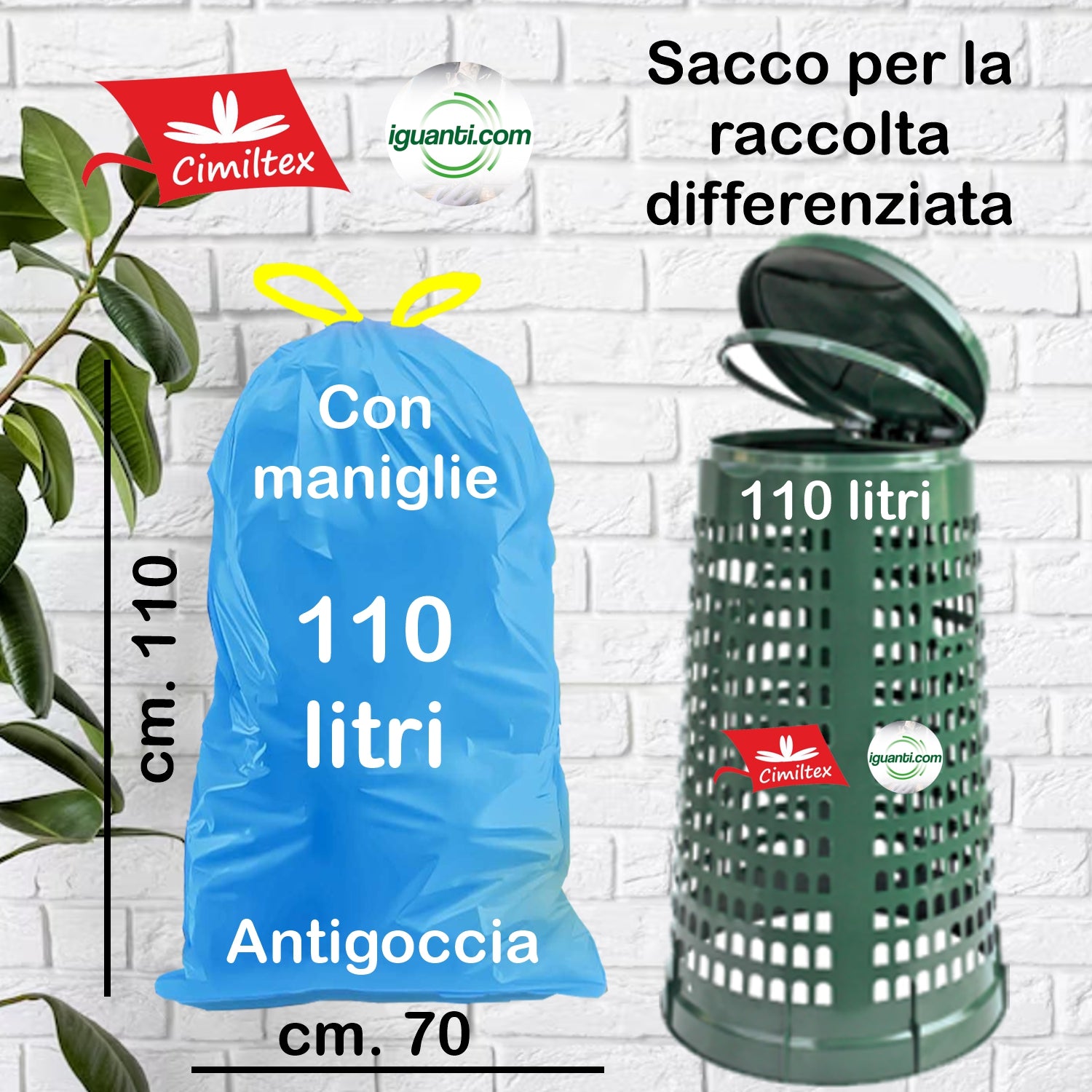 400 Sacchi Spazzatura cm. 70x110 per Raccolta Differenziata, 110 Litri con Maniglia a Scorrimento, Sacchetti Spazzatura Alta Resistenza, Spazzatura Differenziata per la Riciclabile colore azzurro trasparente