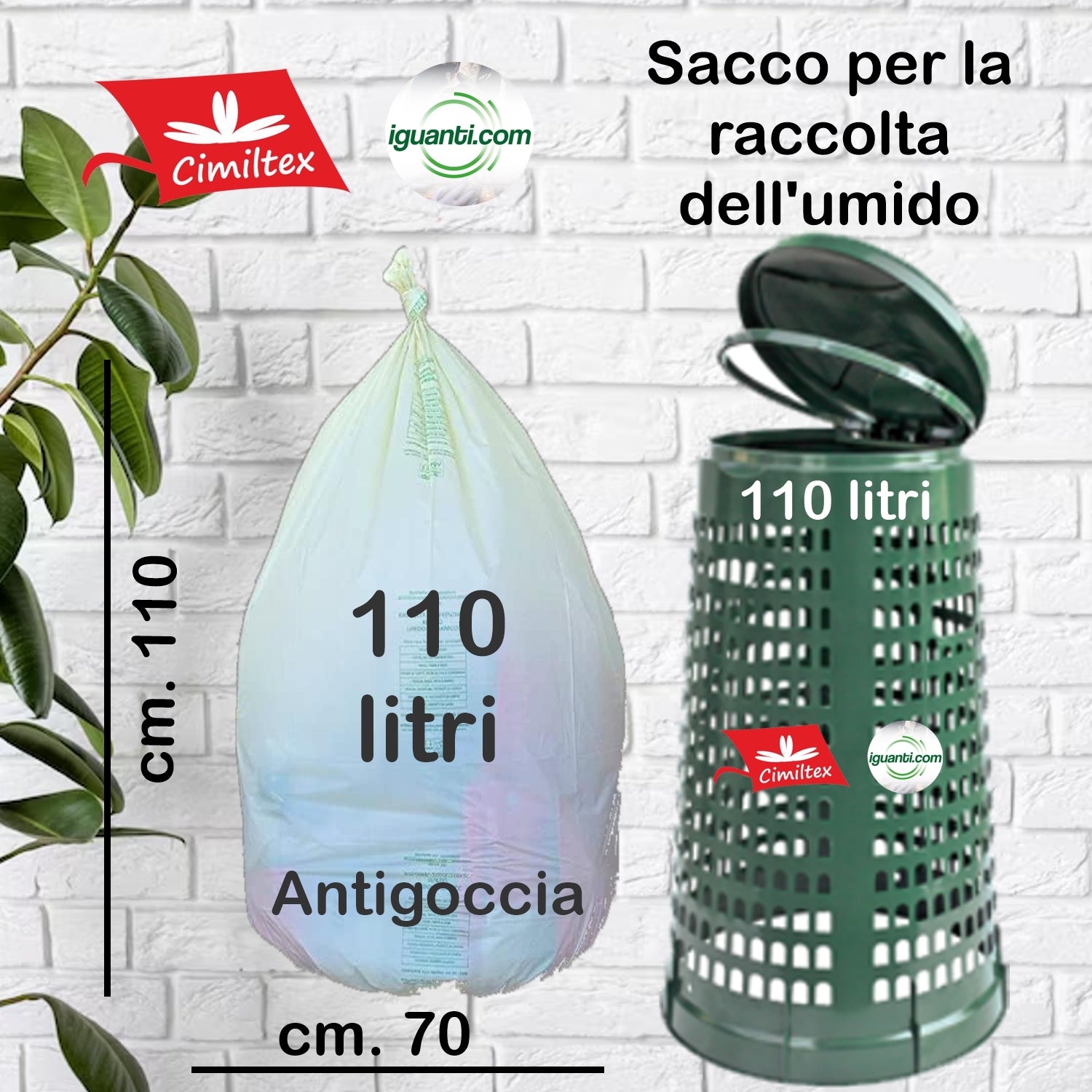 100 Sacchi Biodegradabile compostabile organico 110 litri cm.70x110 pz.100