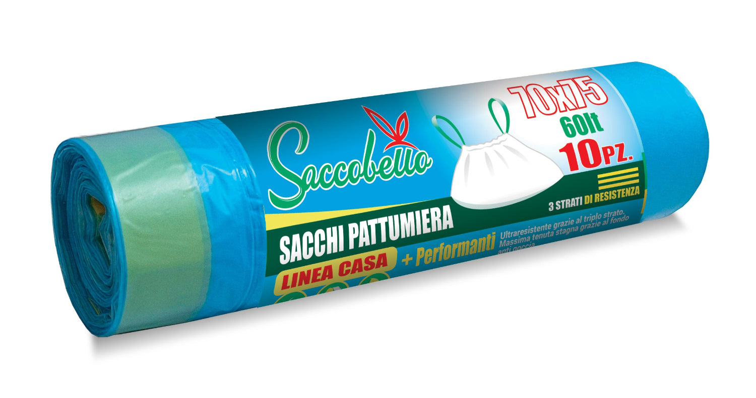 480 Sacchi 60 litri 70x75 cm. gr.20 con maniglie per pattumiera 48 rotoli x 10 pz.