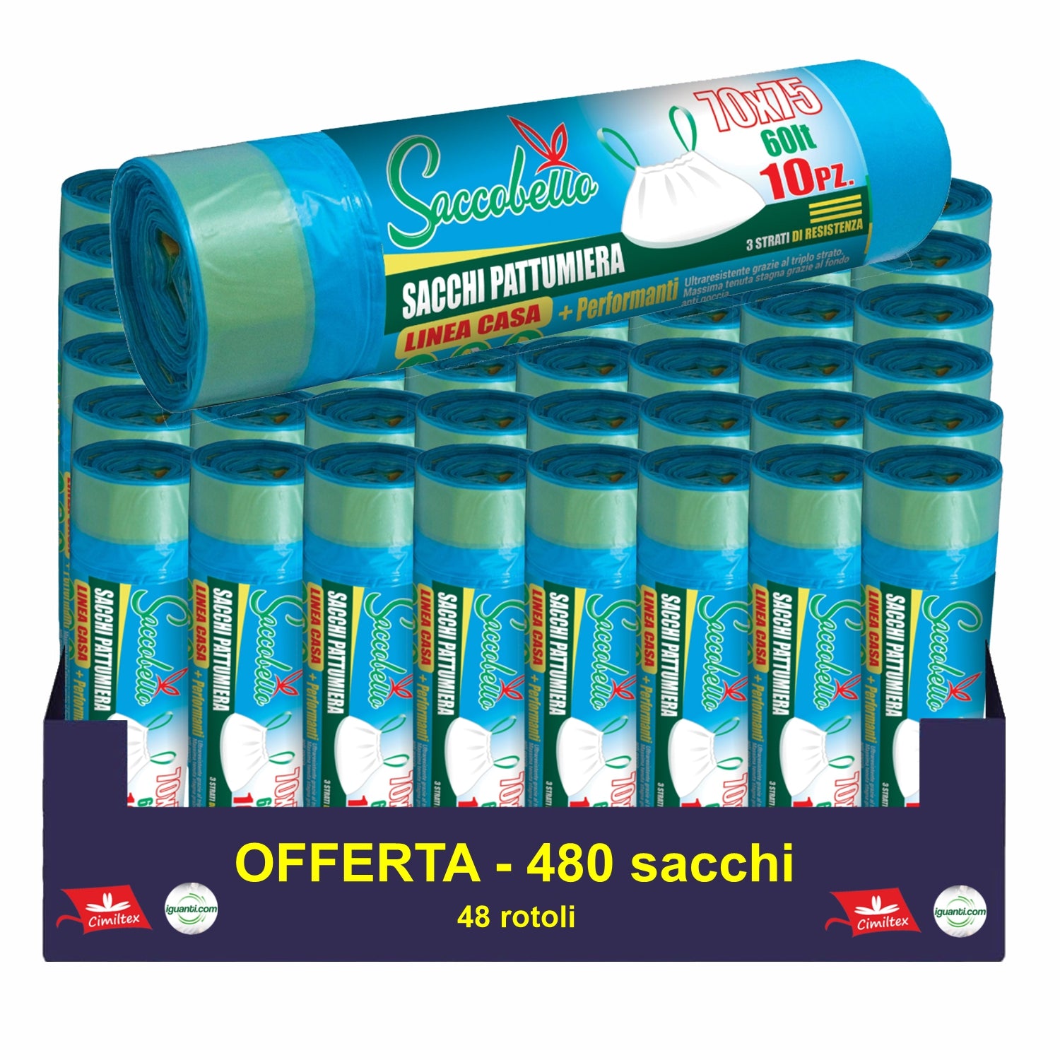 480 Sacchi 60 litri con maniglie azzurro pattumiera 70x75 cm. 48 rotoli x 10 pz.