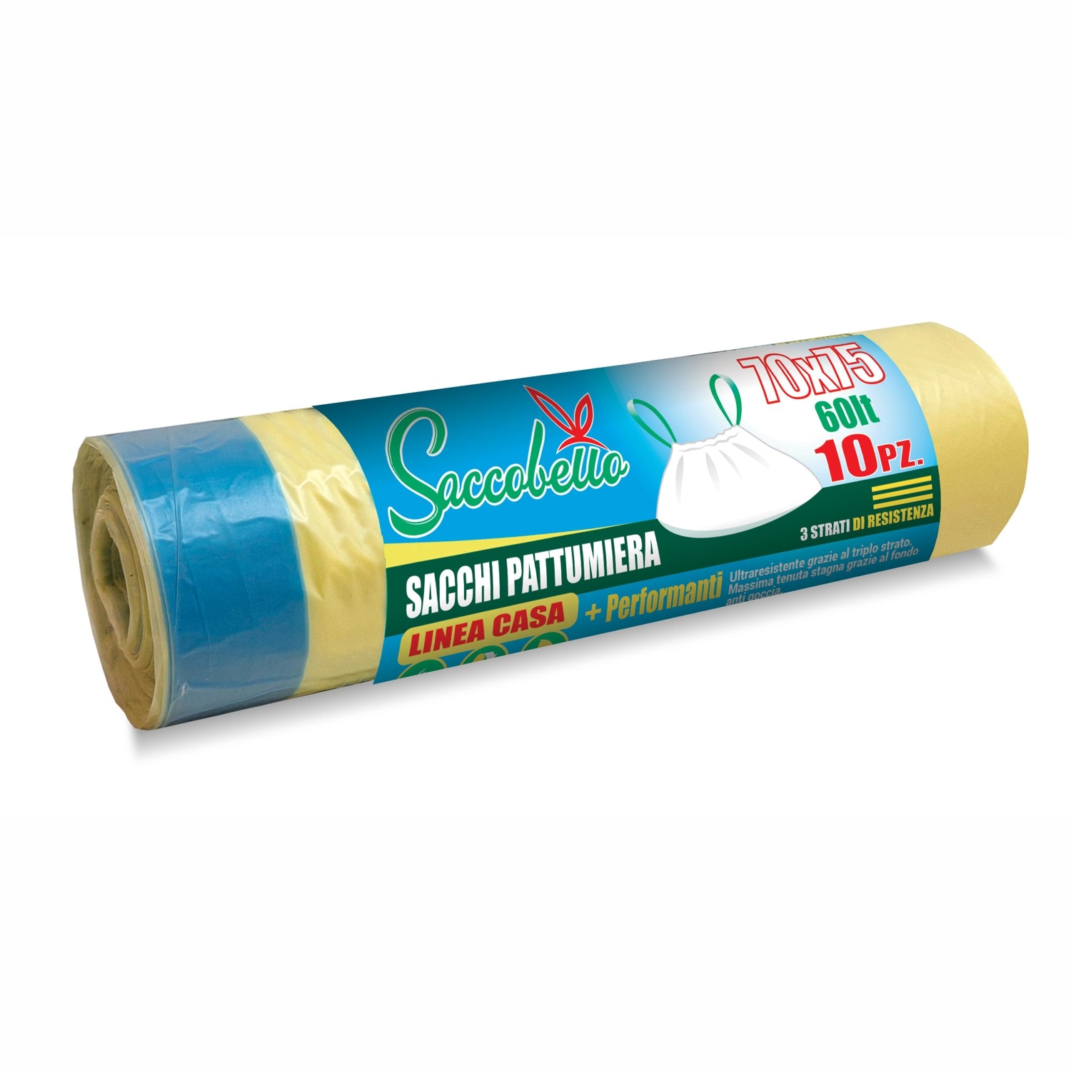 480 Sacchi 60 litri colore giallo con maniglie pattumiera 70x75 cm. 48 rotoli x 10 pz.