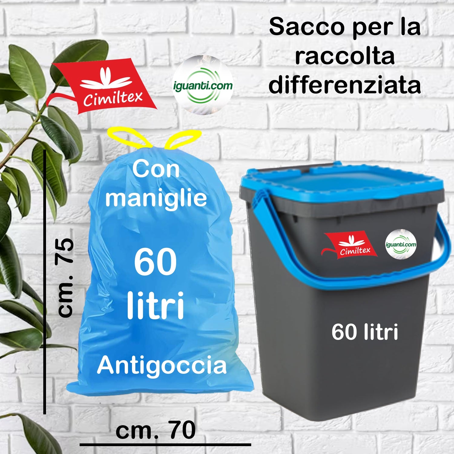 480 Sacchi 60 litri con maniglie azzurro pattumiera 70x75 cm. 48 rotoli x 10 pz.