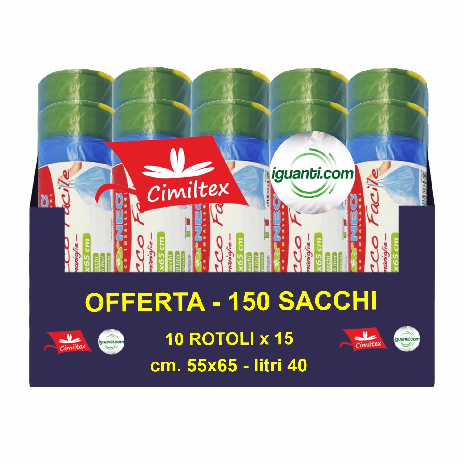 150 Sacchi pattumiera Profumato con maniglie colore azzurro 40 litri 55x65 cm. gr. 12