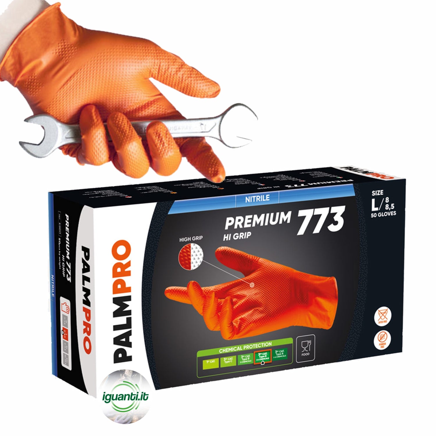 Guanti monouso nitrile premium arancione Hi grip 773 pz. 50 gr. 8,5