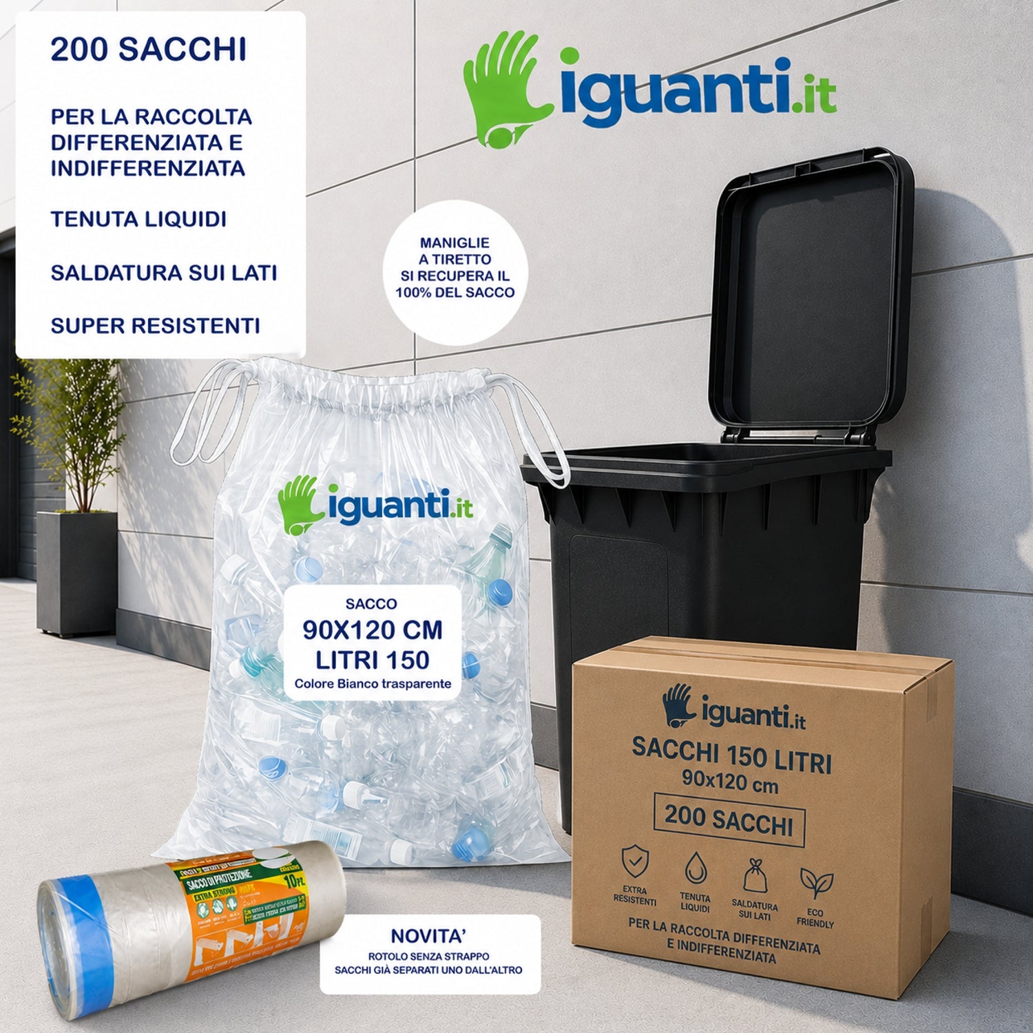 200 Sacchi 150 litri 90x120 cm. gr.70 con maniglie colore bianco trasparente