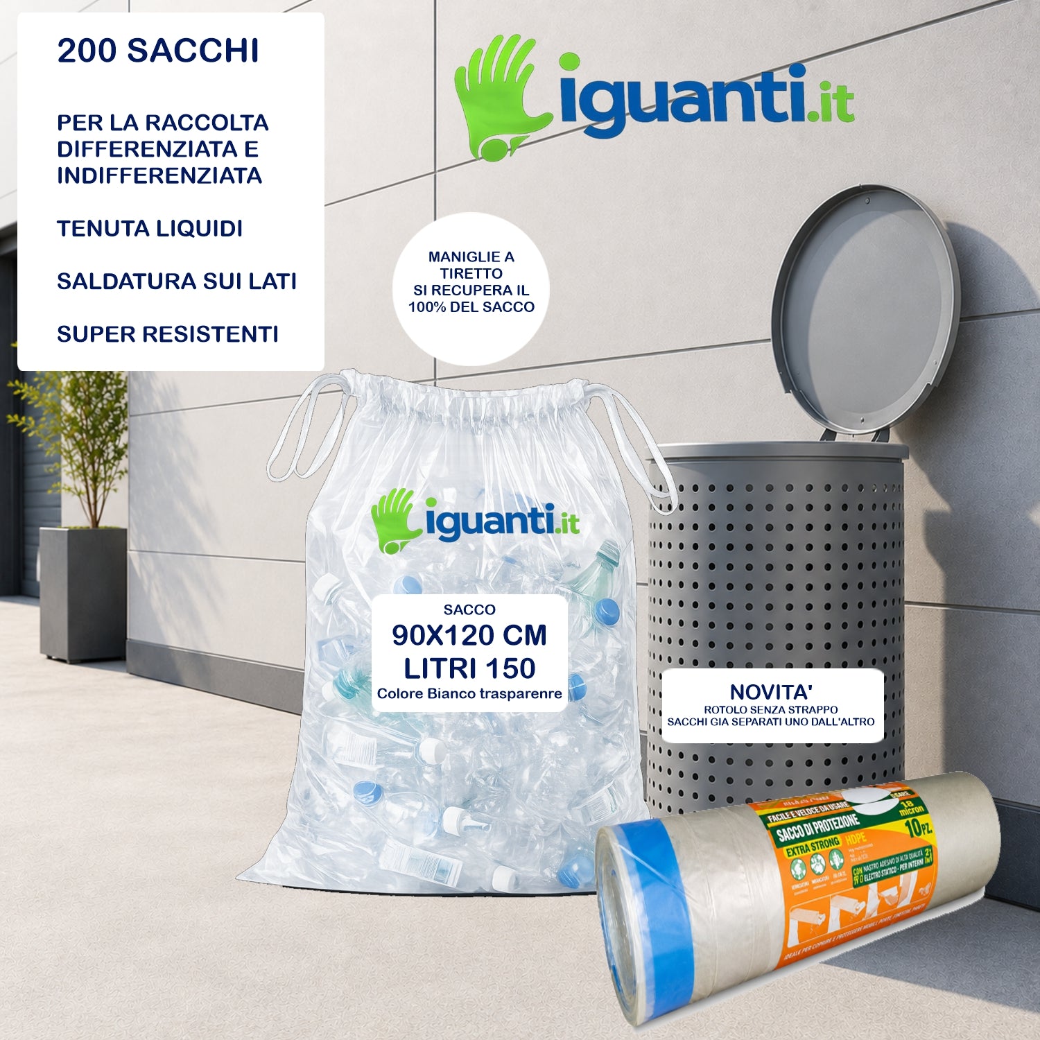 200 Sacchi 150 litri 90x120 cm. gr.70 con maniglie colore bianco trasparente