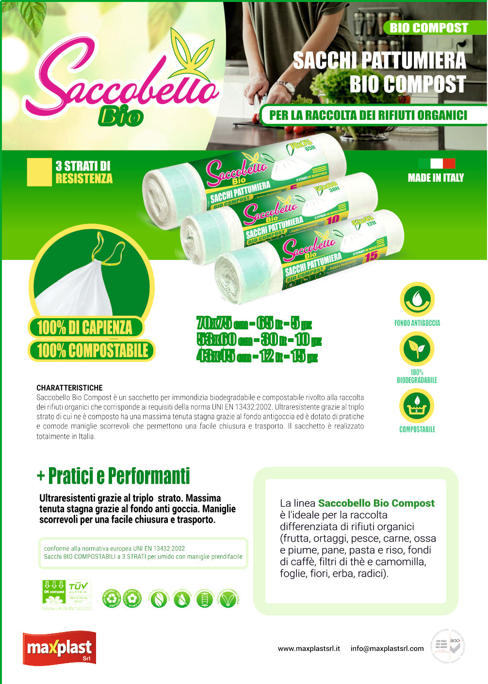 Sacco Bio compostabile per organico con maniglie 43x45 cm. 12 litri rotolo da 15 sacchetti