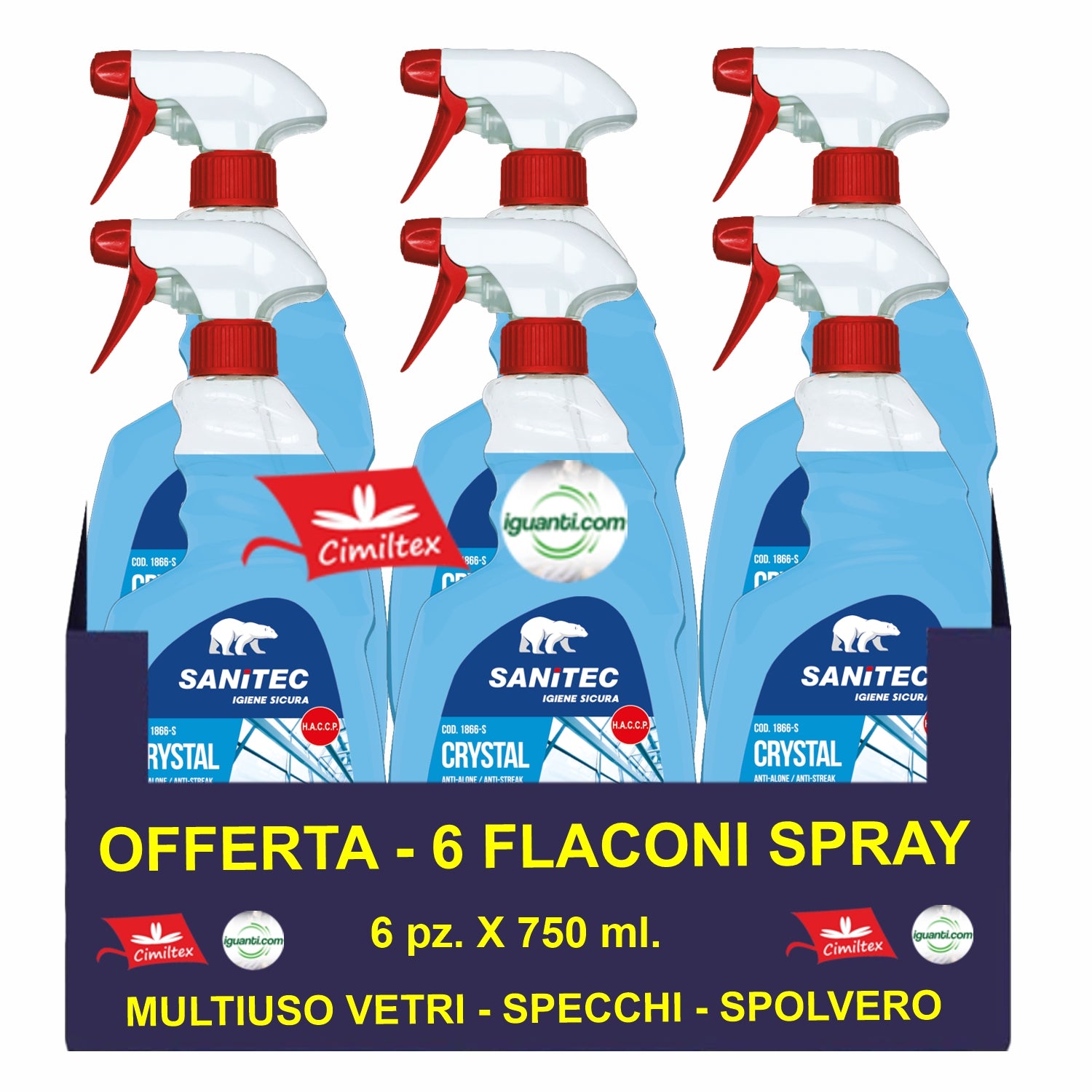 Detergente multiuso Crystal vetri specchi e spolvero 6 flaconi spray x 750 ml.
