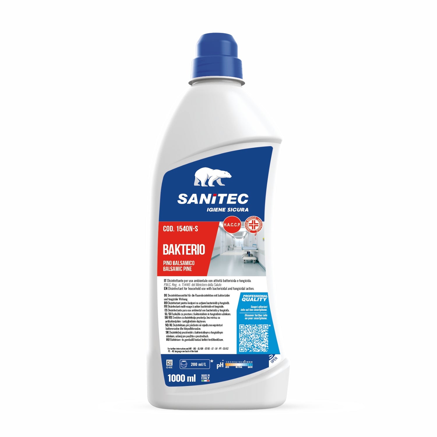 Disinfettante per uso ambientale con attività battericida e fungicida bakterio 1000ml sanitec 1540n-s