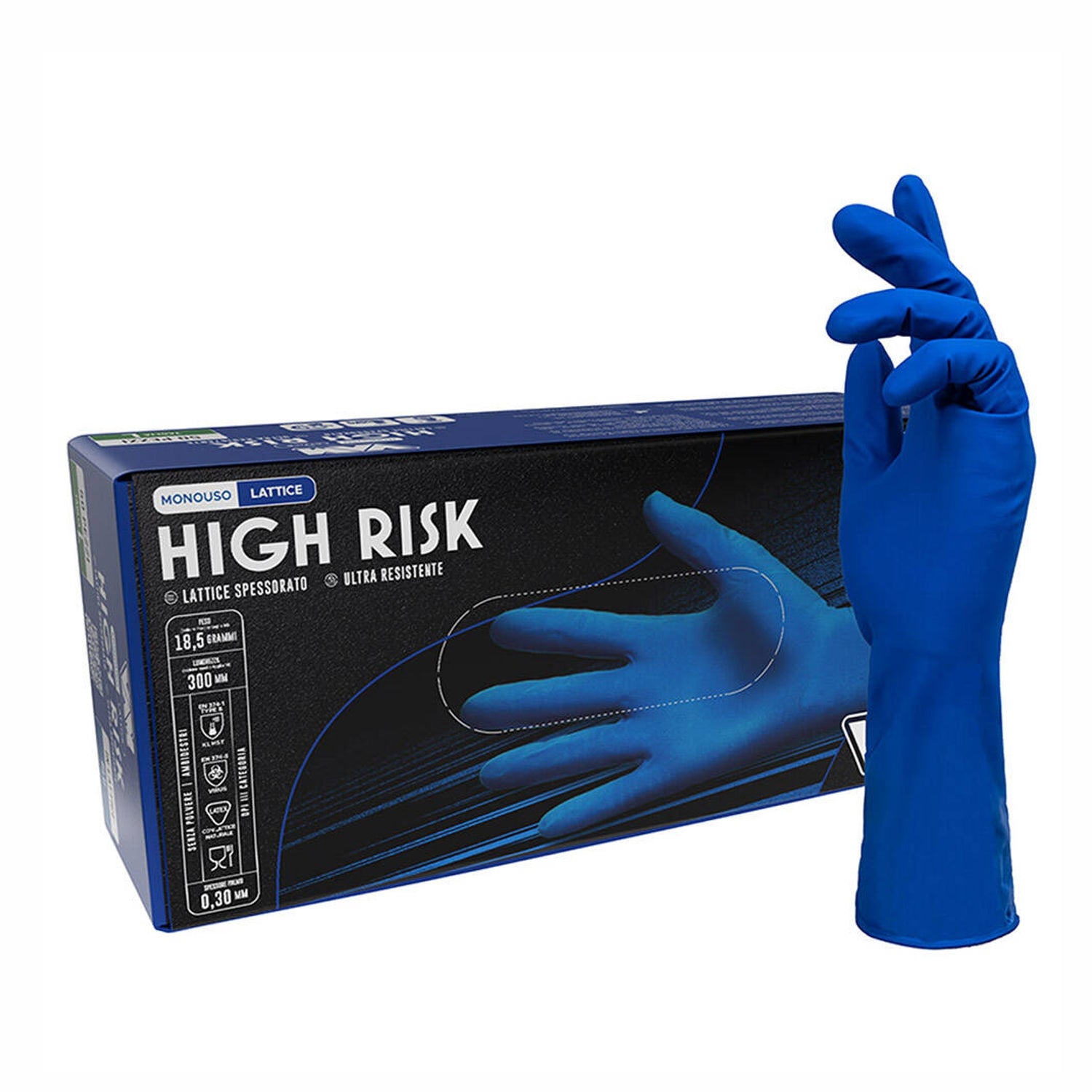 Guanti Hi risks monouso lattice senza polvere lungo HIGH RISK pz.50 gr.18,50