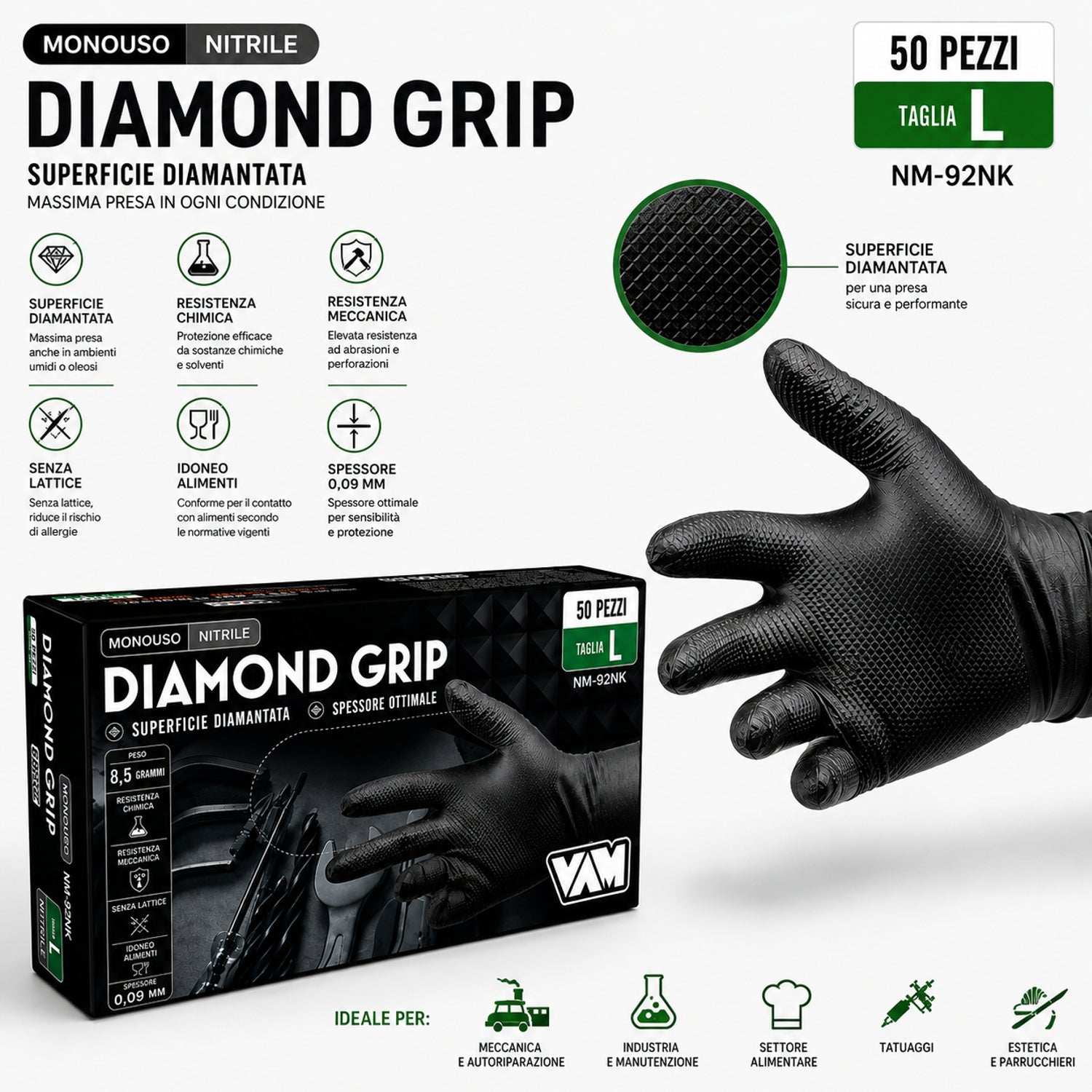 Guanti monouso in nitrile nero pz.50 vam Diamond grip gr. 8,50