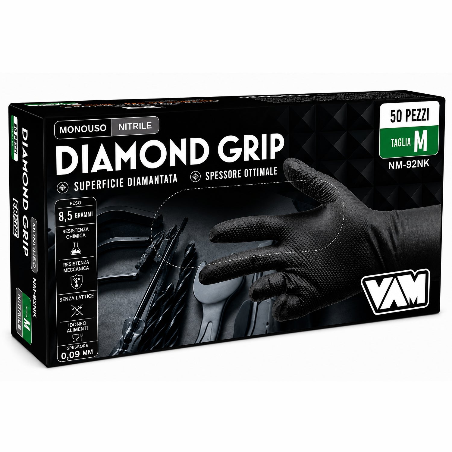 Guanti monouso in nitrile grip Colore nero da meccanico pz.50 Diamond grip Taglia M