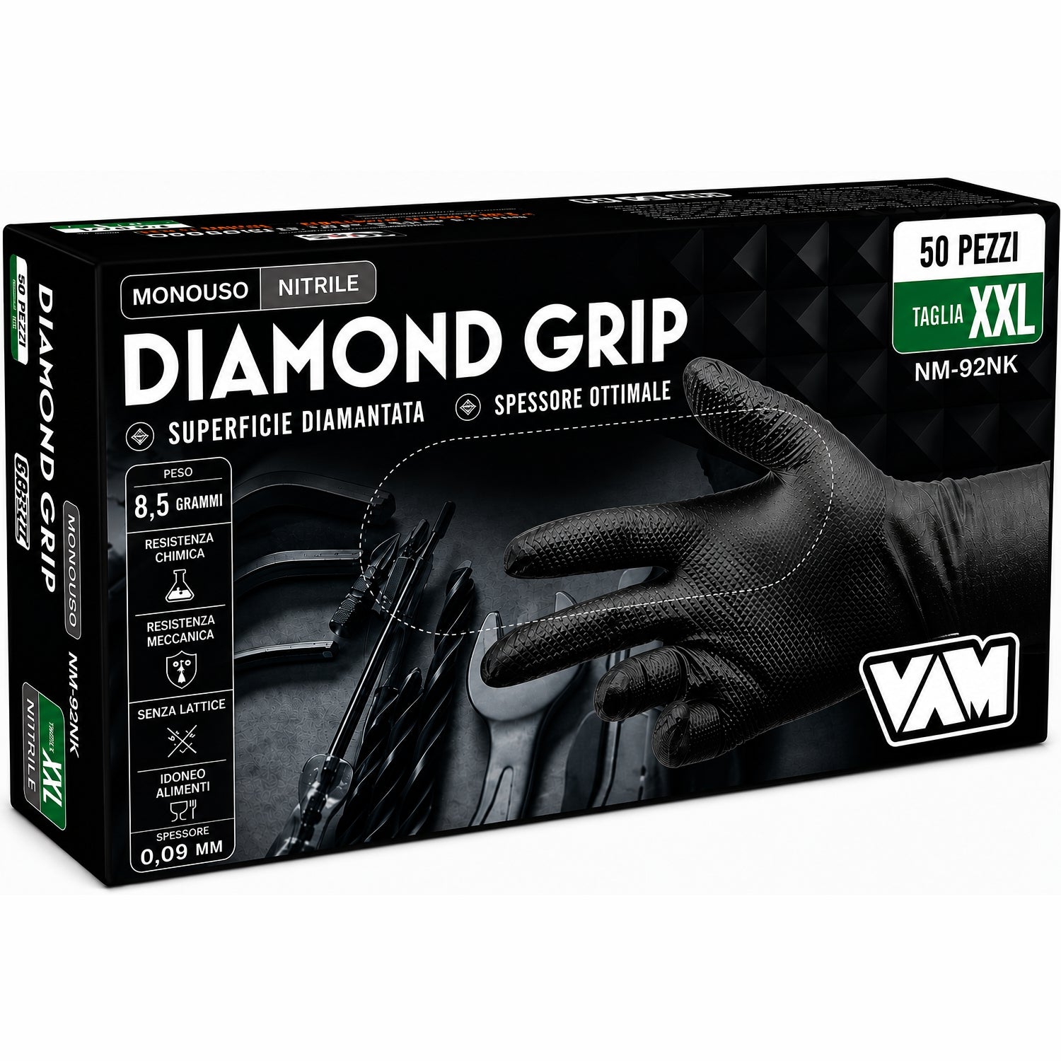 Guanti monouso in nitrile grip Colore nero da meccanico pz.50 Diamond grip Taglia XXL
